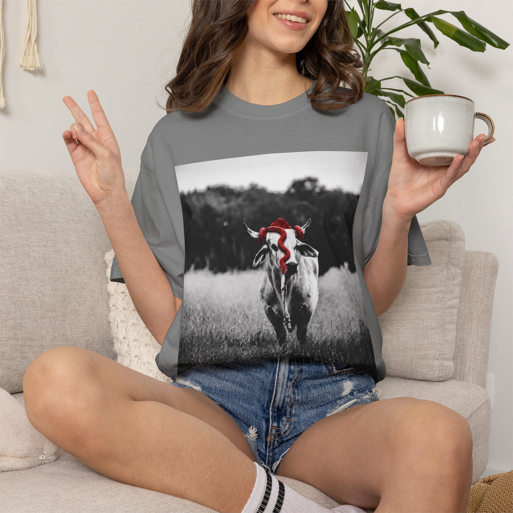 Cow Portrait T-Shirt — Black & White Grazing Cow Photo with Red Bandana