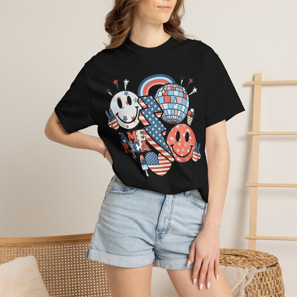 Patriotic Smiley Graphic T-Shirt — "America" Retro Red White Blue Tee