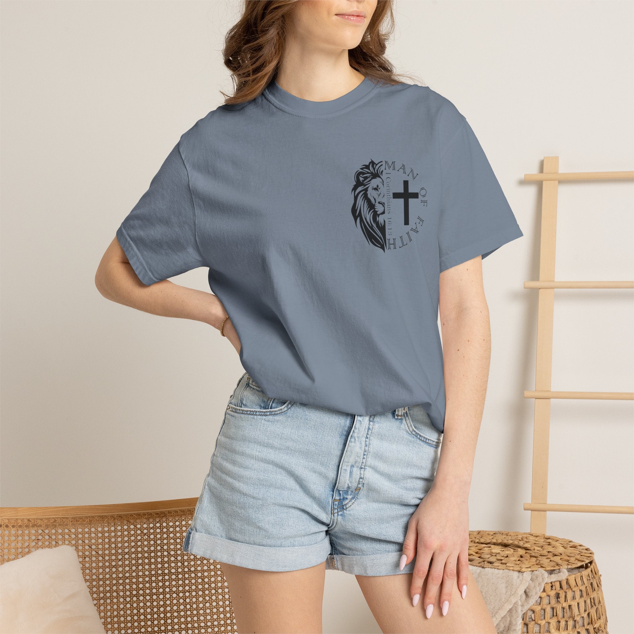 T-Shirt — "Man of Faith" Lion & Cross Christian Graphic Tee