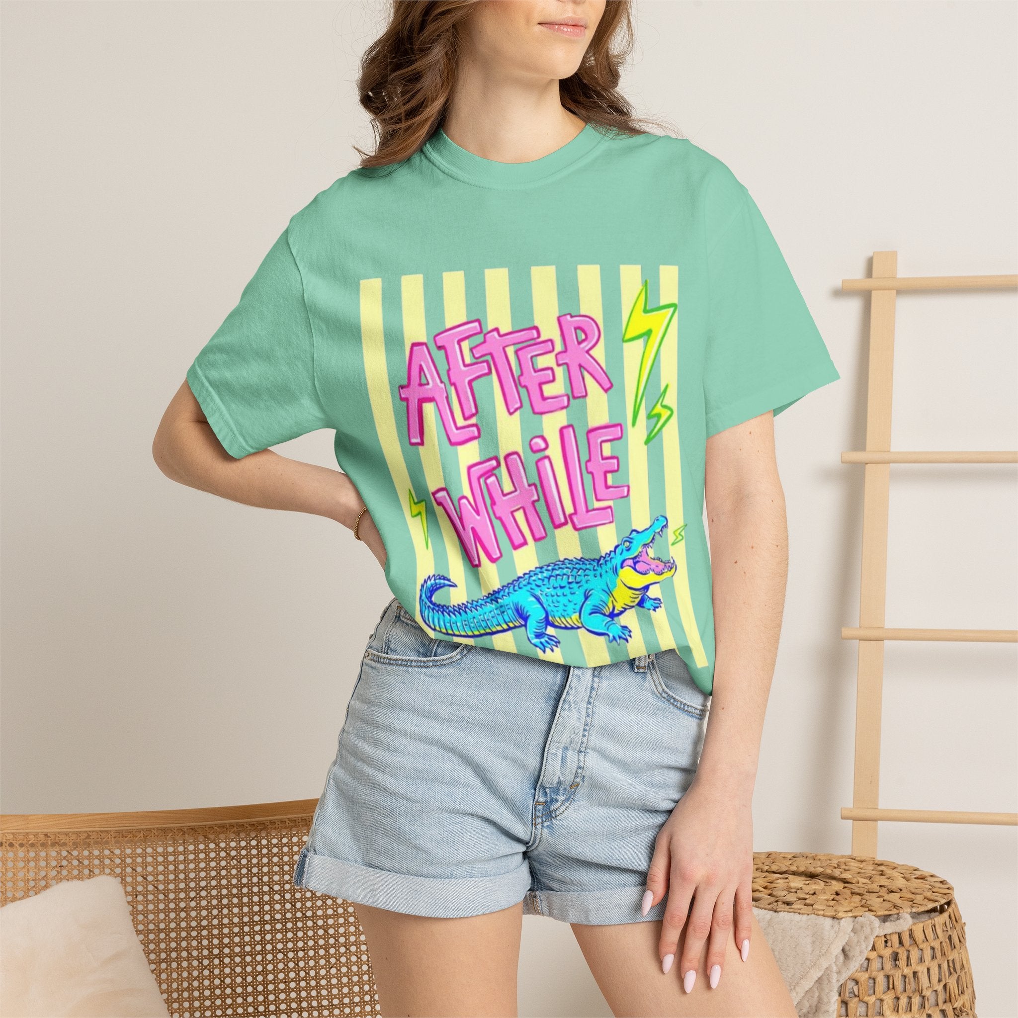 After While Crocodile Graphic T-Shirt — Retro Neon Alligator Tee