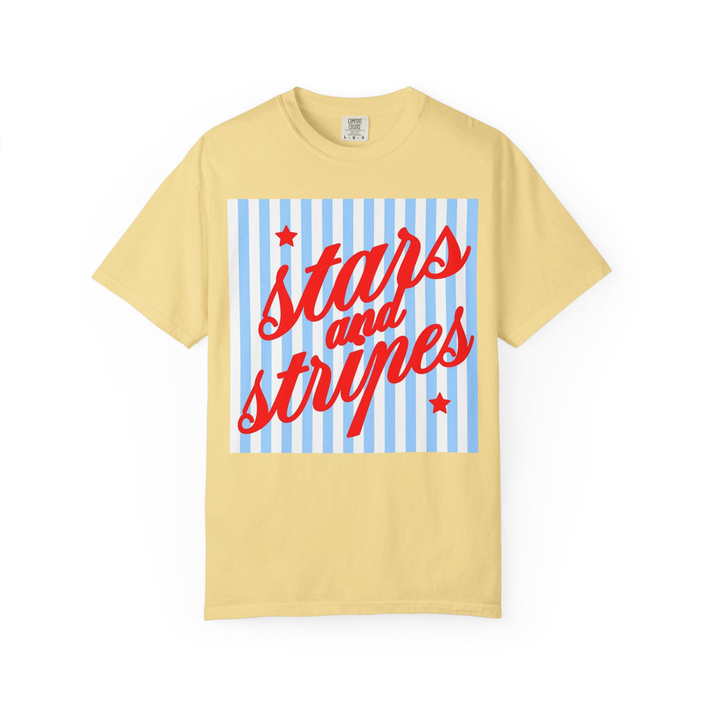 Stars and Stripes T-Shirt — Retro Red Script on Blue Stripe Graphic Tee