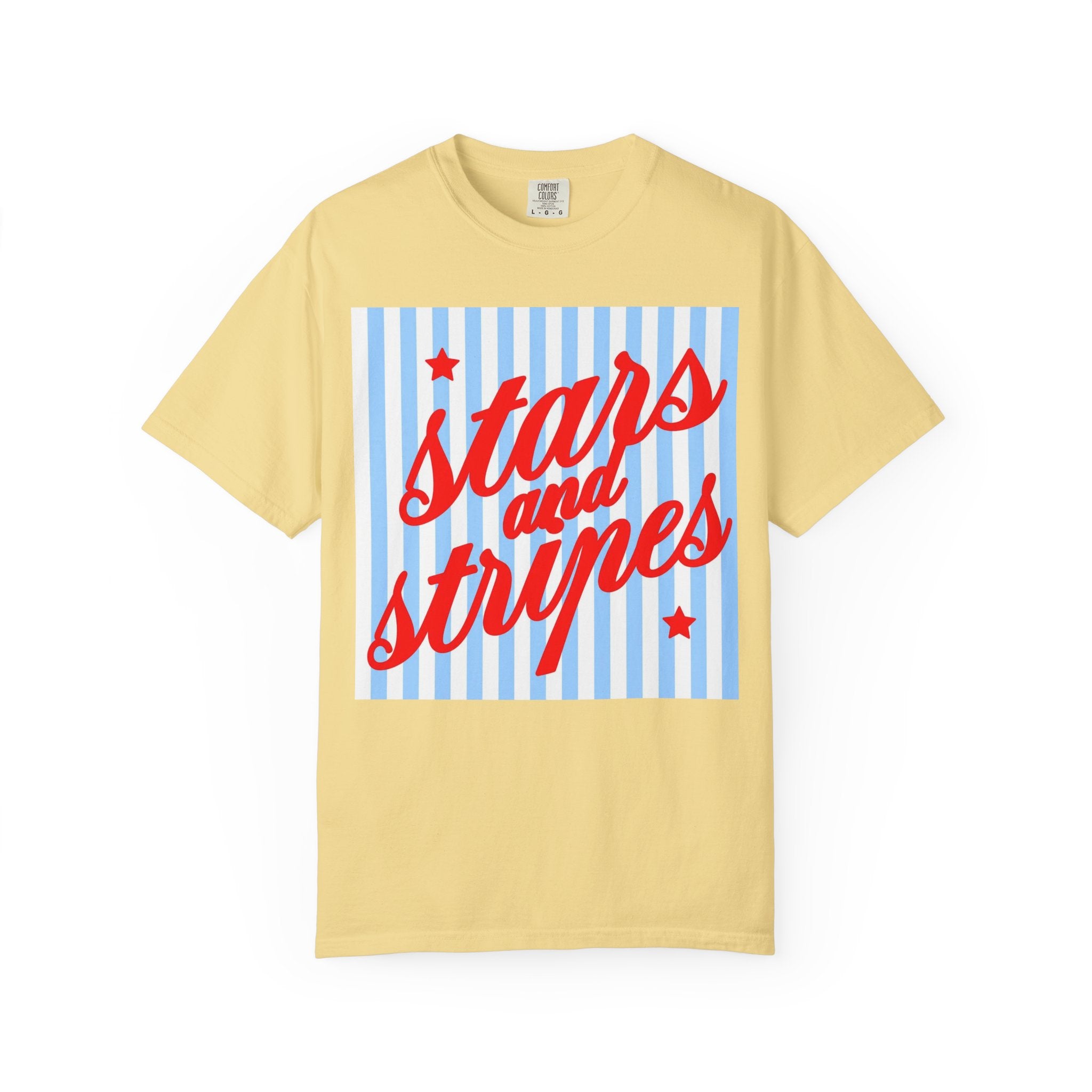 Stars and Stripes T-Shirt — Retro Red Script on Blue Stripe Graphic Tee