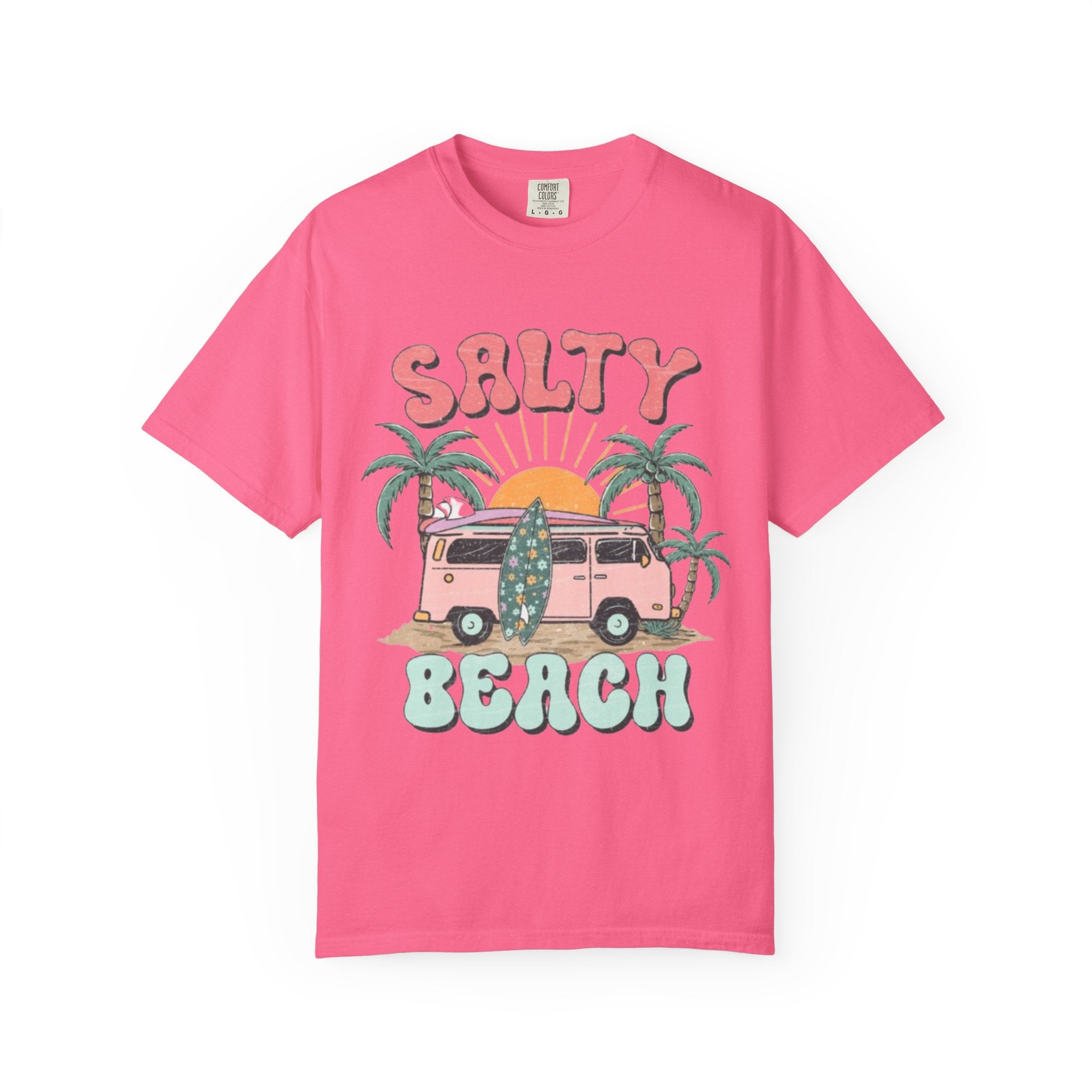 Salty Beach Surf Van T-Shirt — Retro Palm Tree Surfboard Graphic