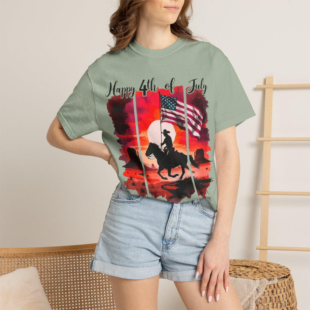 4th of July Cowboy T-Shirt - American Flag Rodeo Sunset Tee