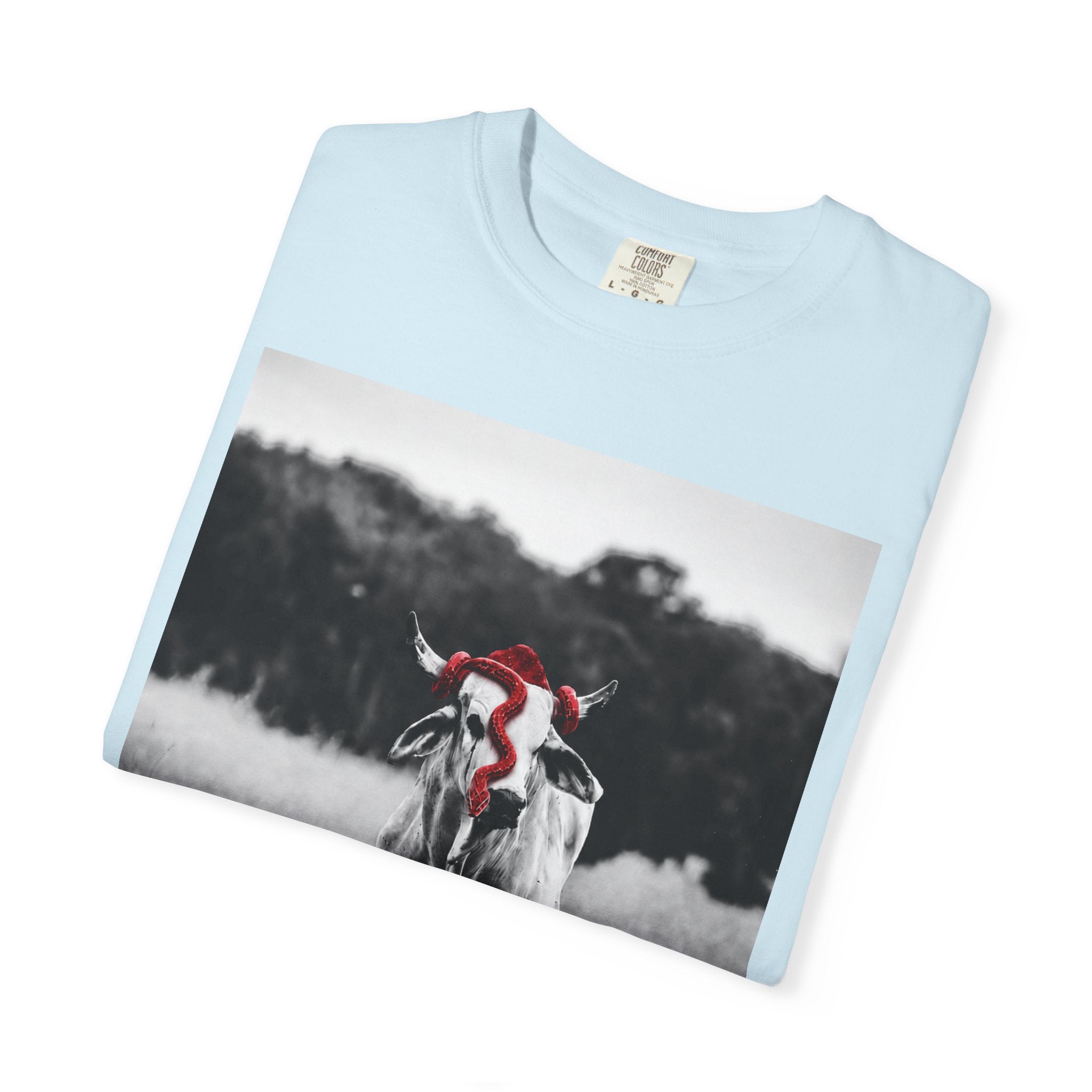 Cow Portrait T-Shirt — Black & White Grazing Cow Photo with Red Bandana