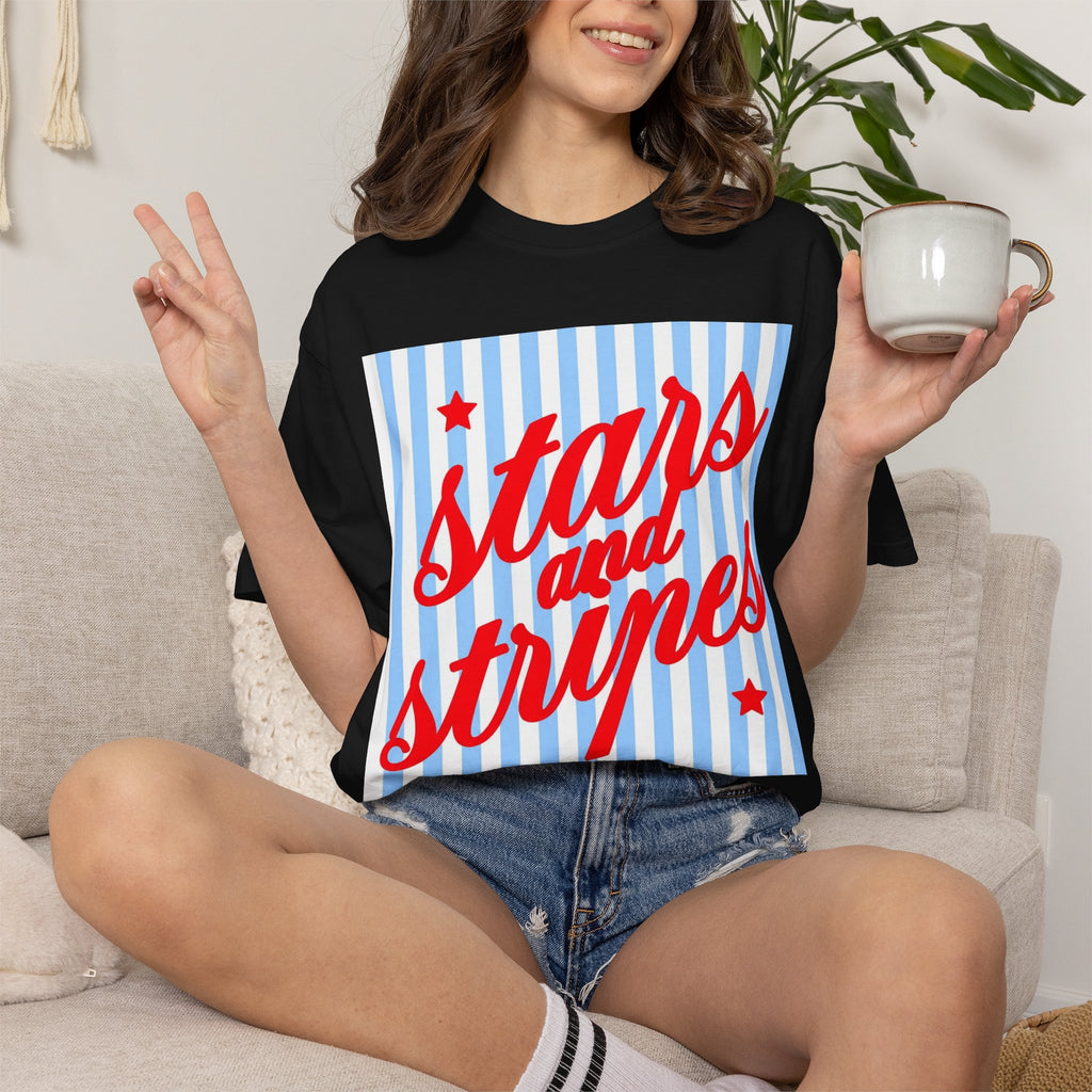 Stars and Stripes T-Shirt — Retro Red Script on Blue Stripe Graphic Tee