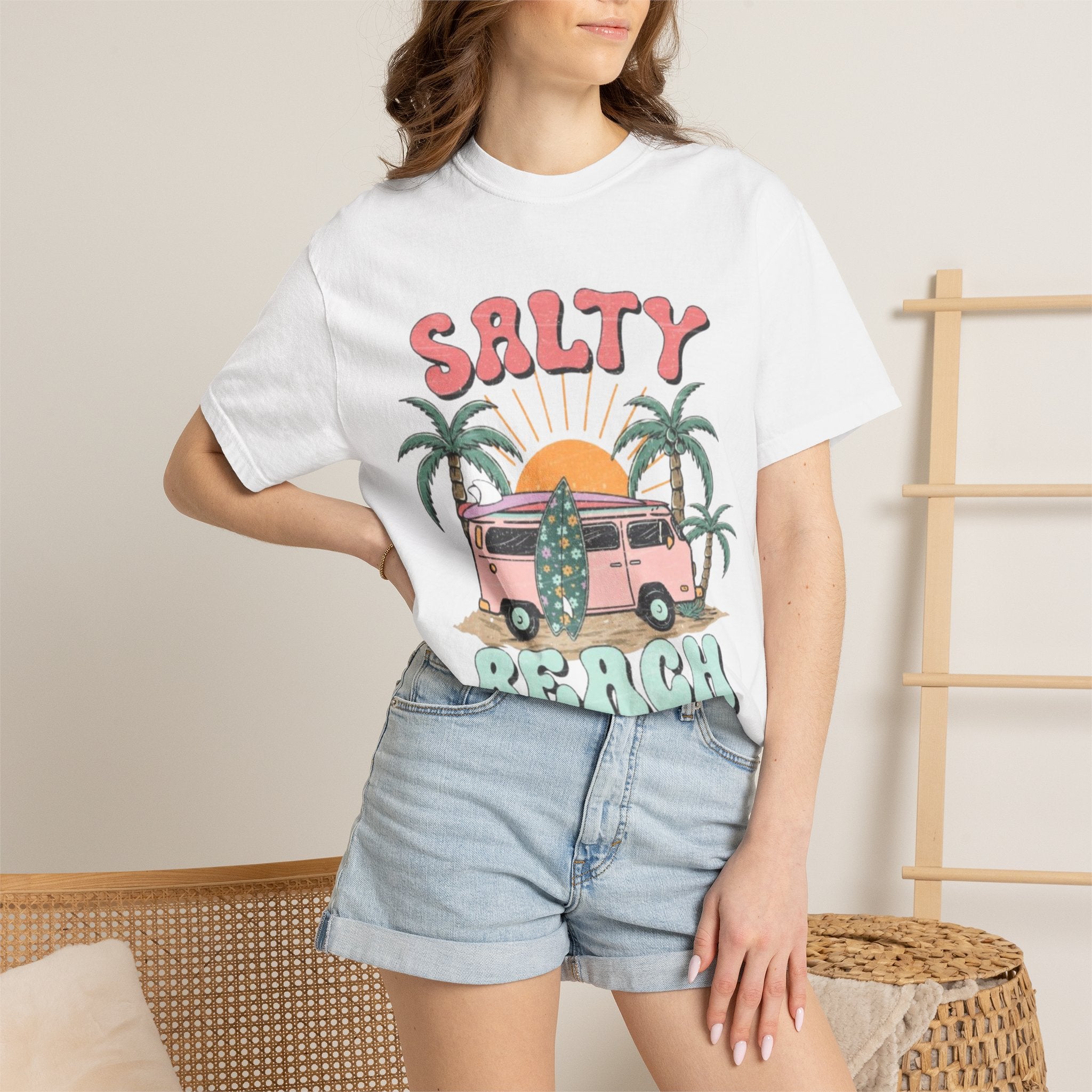 Salty Beach Surf Van T-Shirt — Retro Palm Tree Surfboard Graphic
