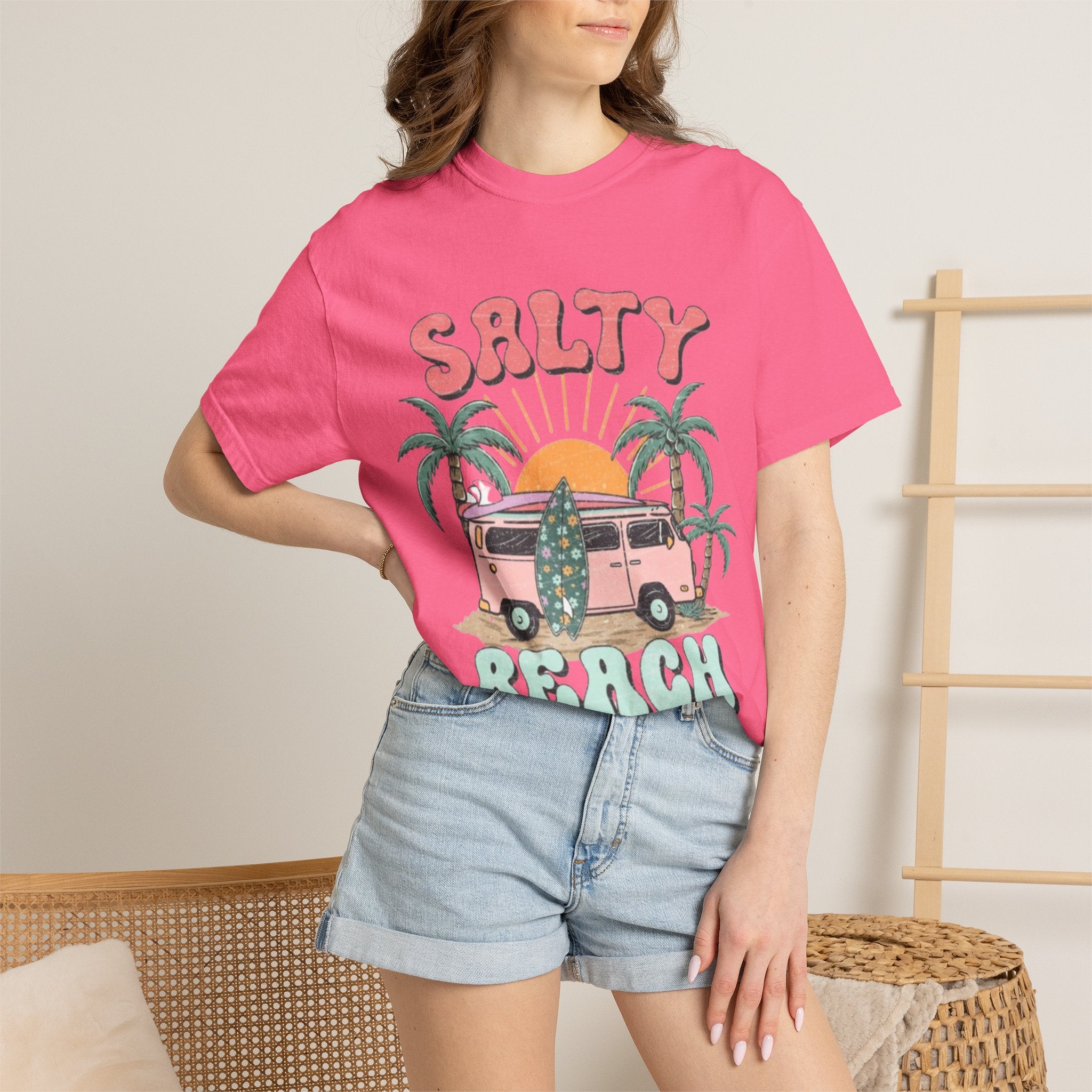 Salty Beach Surf Van T-Shirt — Retro Palm Tree Surfboard Graphic