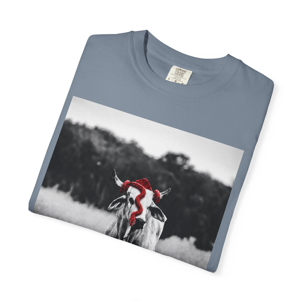 Cow Portrait T-Shirt — Black & White Grazing Cow Photo with Red Bandana