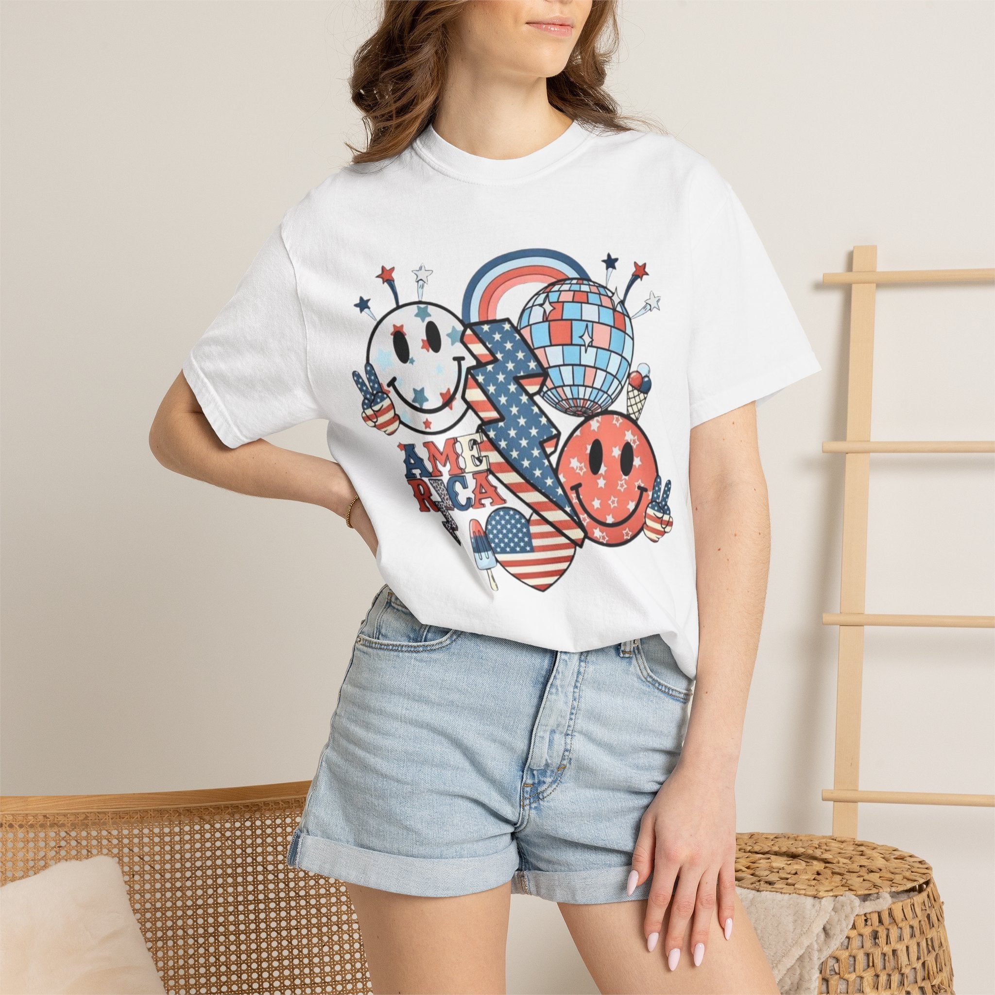 Patriotic Smiley Graphic T-Shirt — "America" Retro Red White Blue Tee