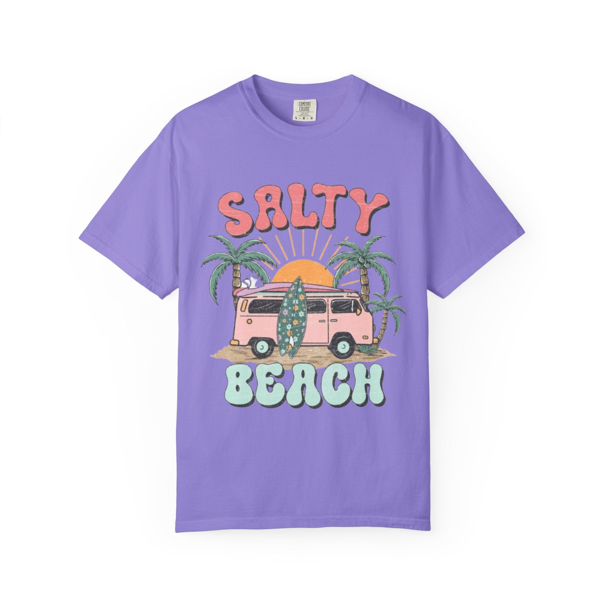 Salty Beach Surf Van T-Shirt — Retro Palm Tree Surfboard Graphic