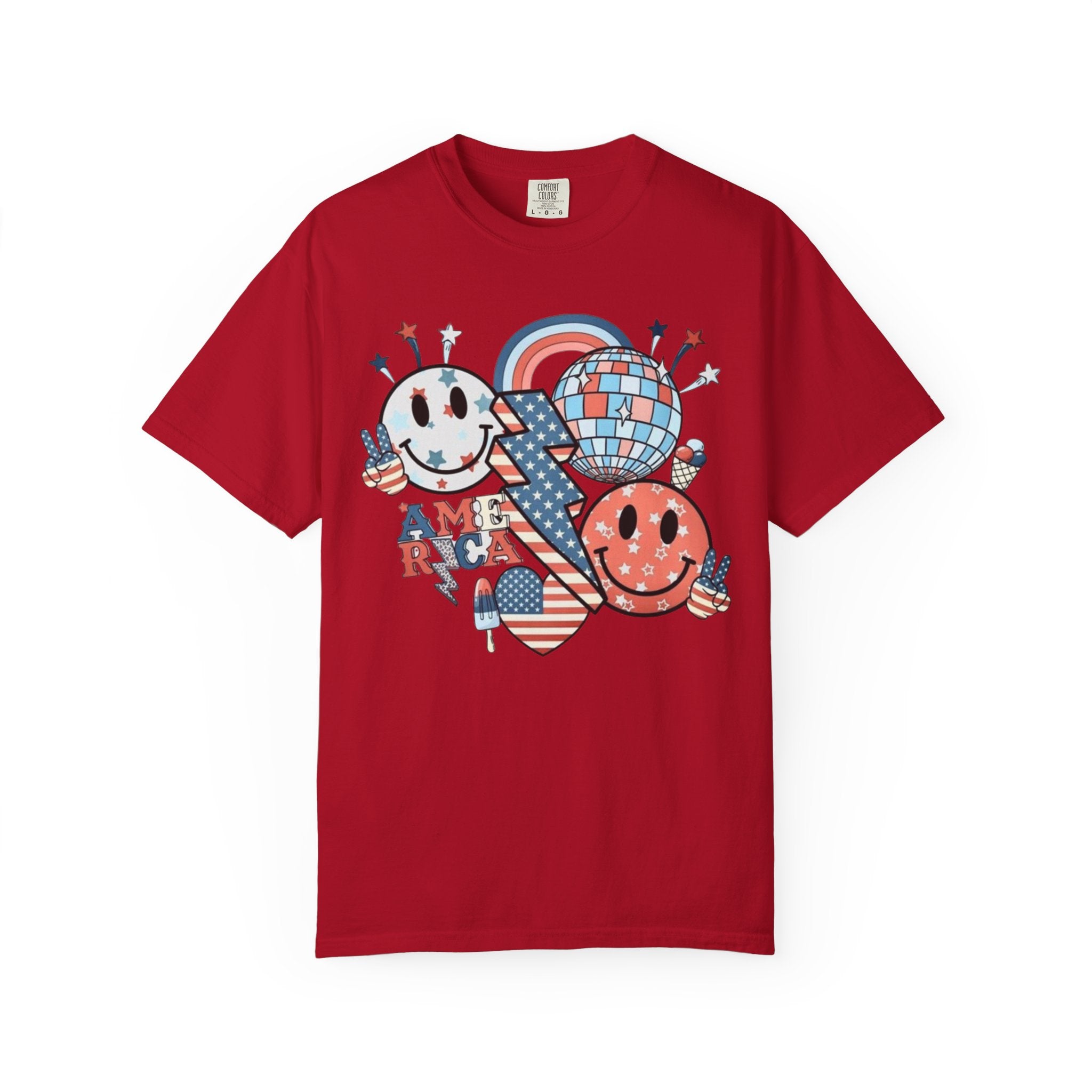 Patriotic Smiley Graphic T-Shirt — "America" Retro Red White Blue Tee