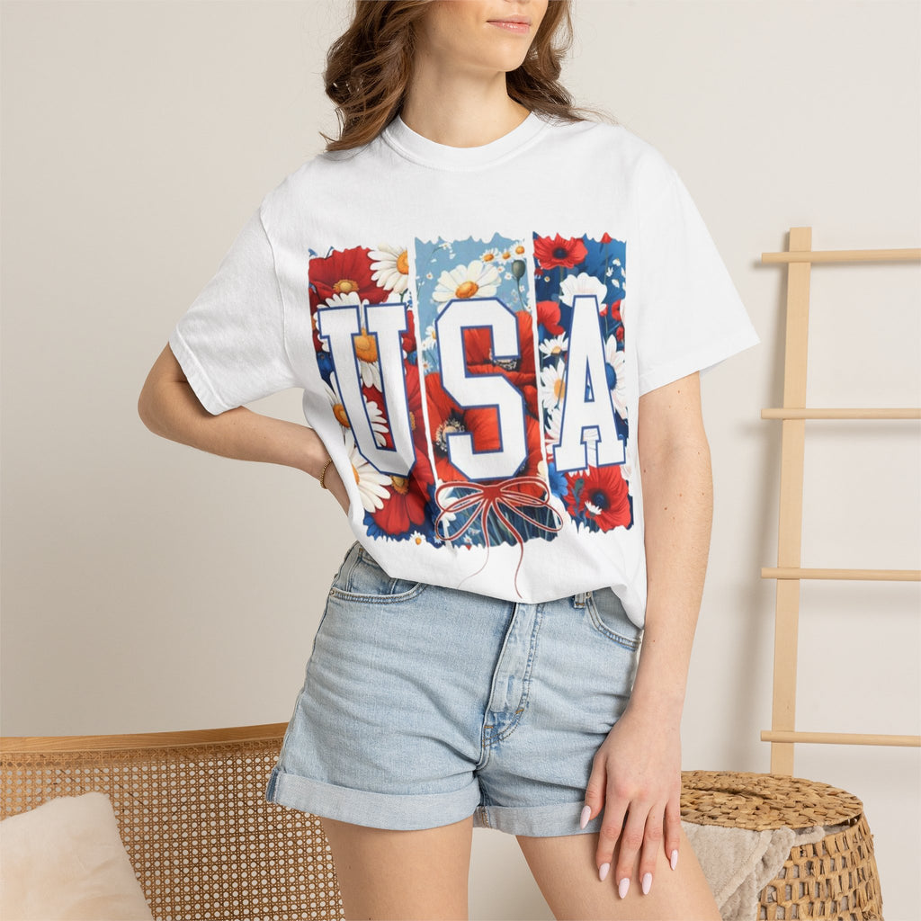 USA Floral T-Shirt — Patriotic Red White Blue Flower Graphic Tee