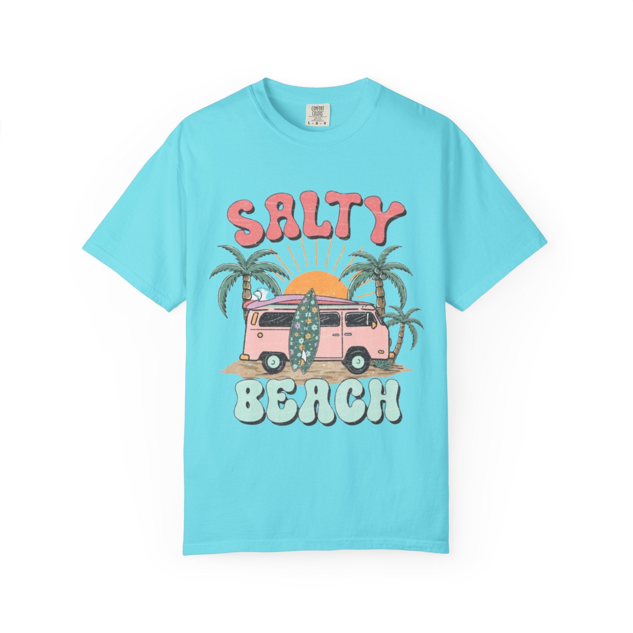 Salty Beach Surf Van T-Shirt — Retro Palm Tree Surfboard Graphic