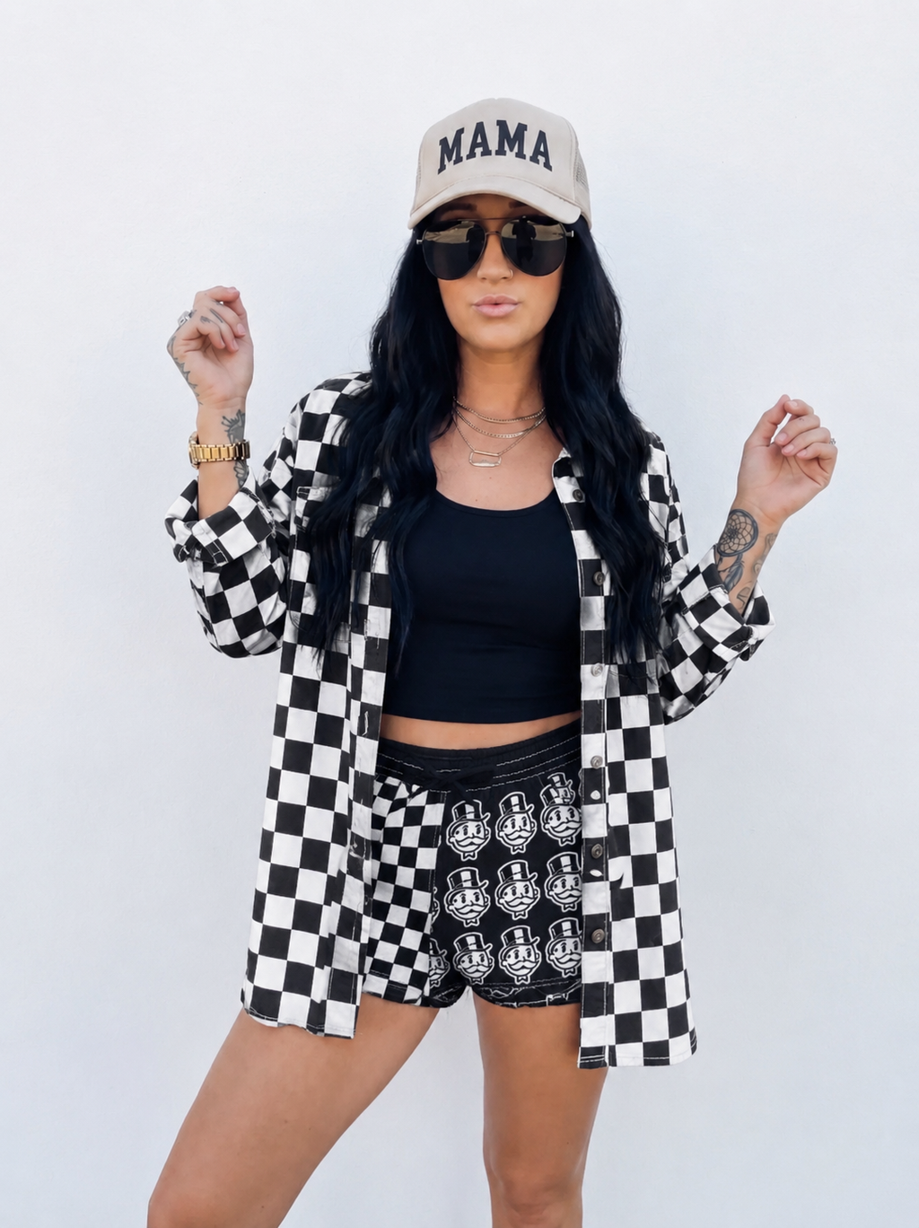 Checkerboard Monopoly Face Women's Casual Shorts — Retro Black & White AOP