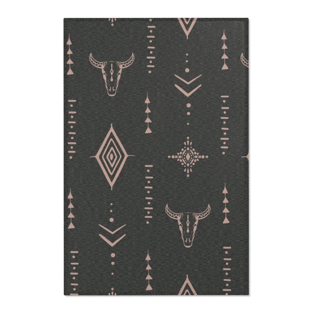Southwestern Bull Skull Area Rug — Tribal Geometric Accent Rug for Living Room & Bedroom