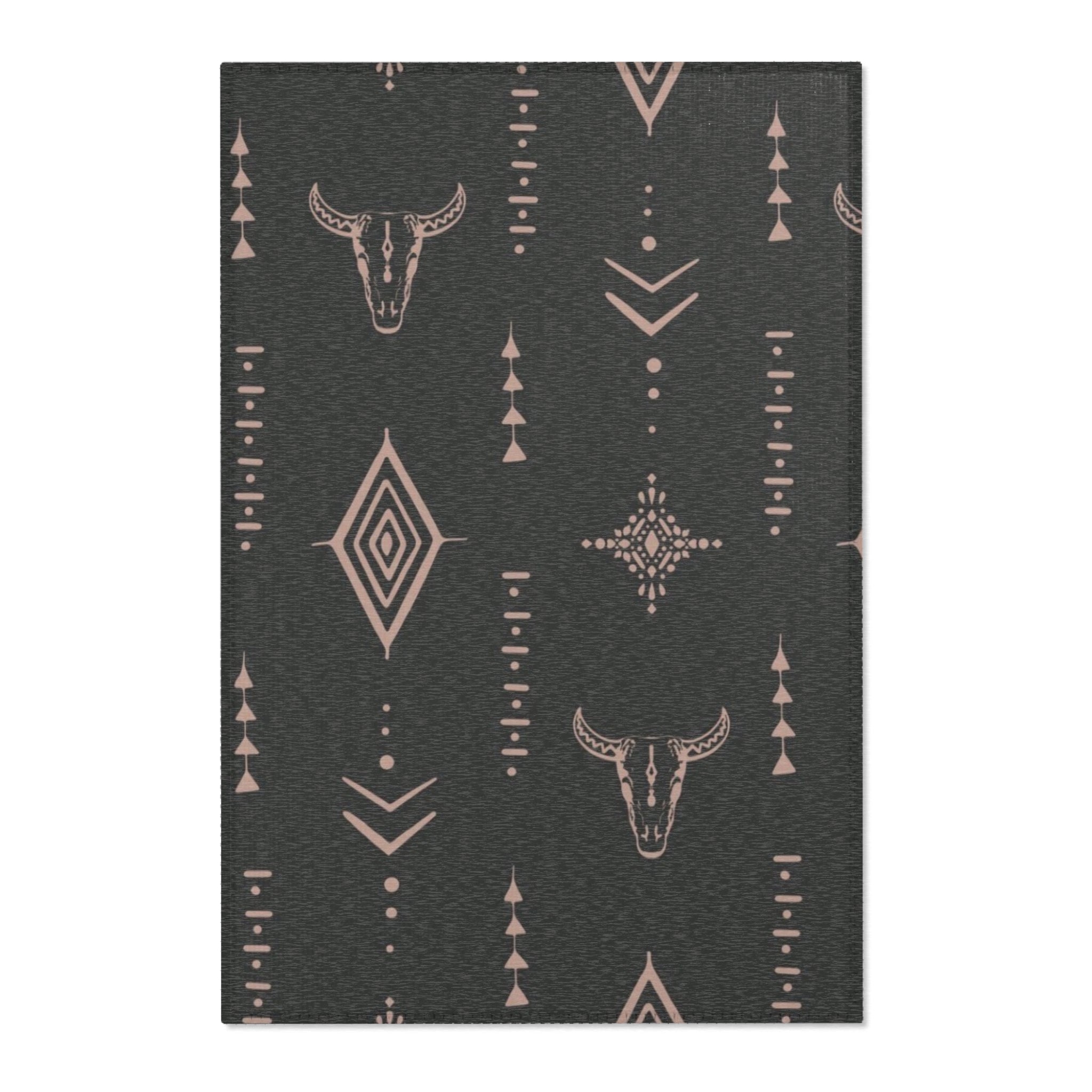 Southwestern Bull Skull Area Rug — Tribal Geometric Accent Rug for Living Room & Bedroom