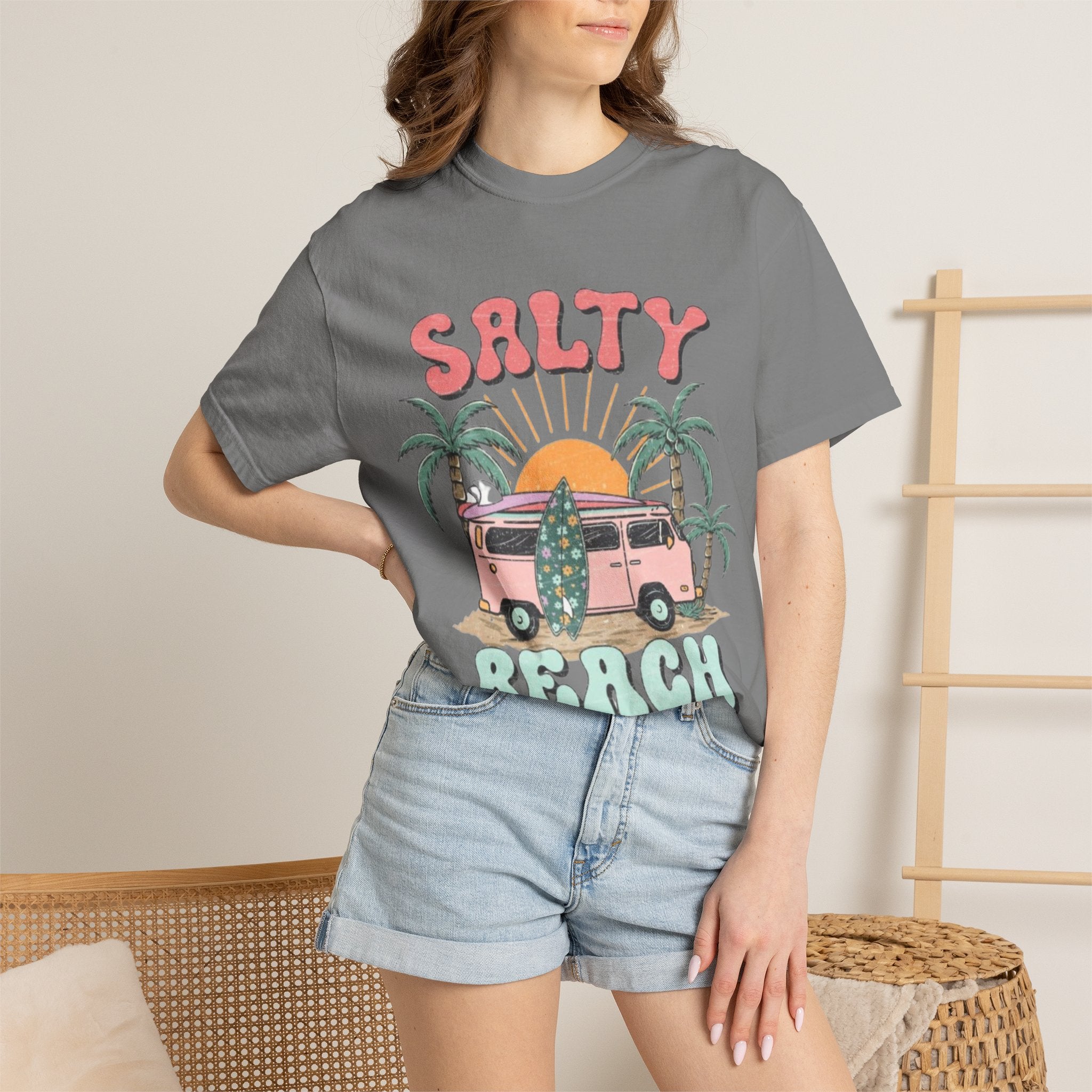 Salty Beach Surf Van T-Shirt — Retro Palm Tree Surfboard Graphic