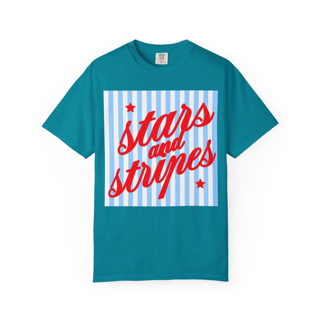 Stars and Stripes T-Shirt — Retro Red Script on Blue Stripe Graphic Tee