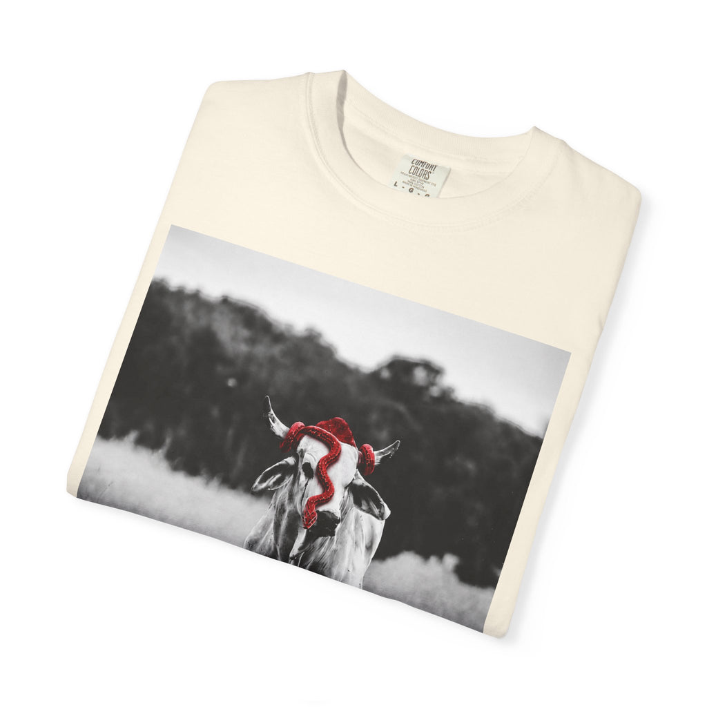 Cow Portrait T-Shirt — Black & White Grazing Cow Photo with Red Bandana