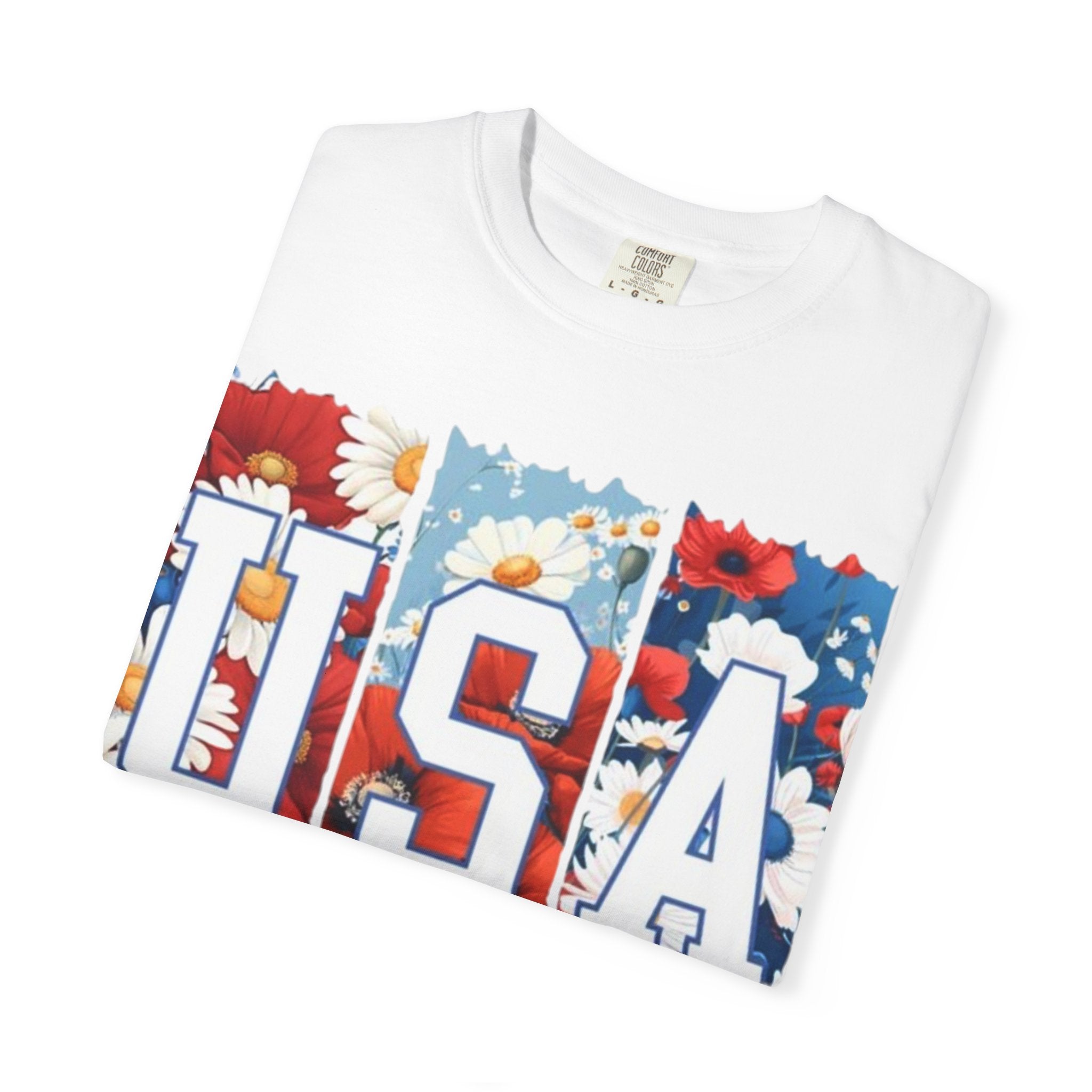 USA Floral T-Shirt — Patriotic Red White Blue Flower Graphic Tee