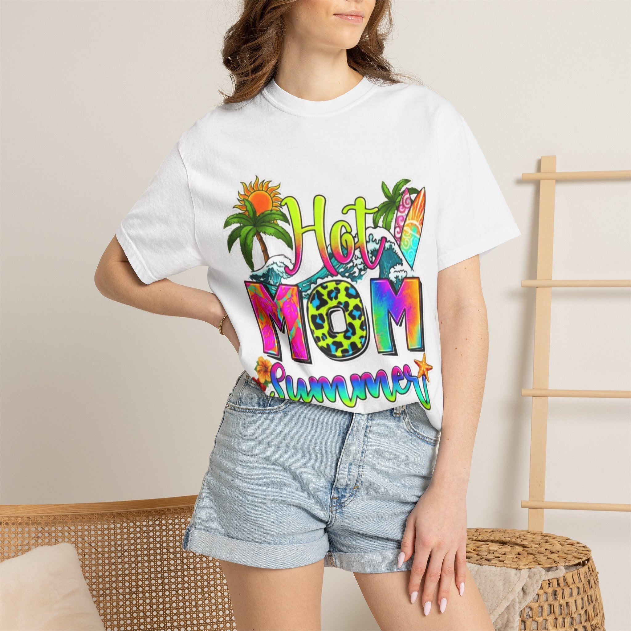 Hot Mom Summer T-Shirt - Colorful Tropical Mom Tee for Beach, Mom Life & Summer Gifts