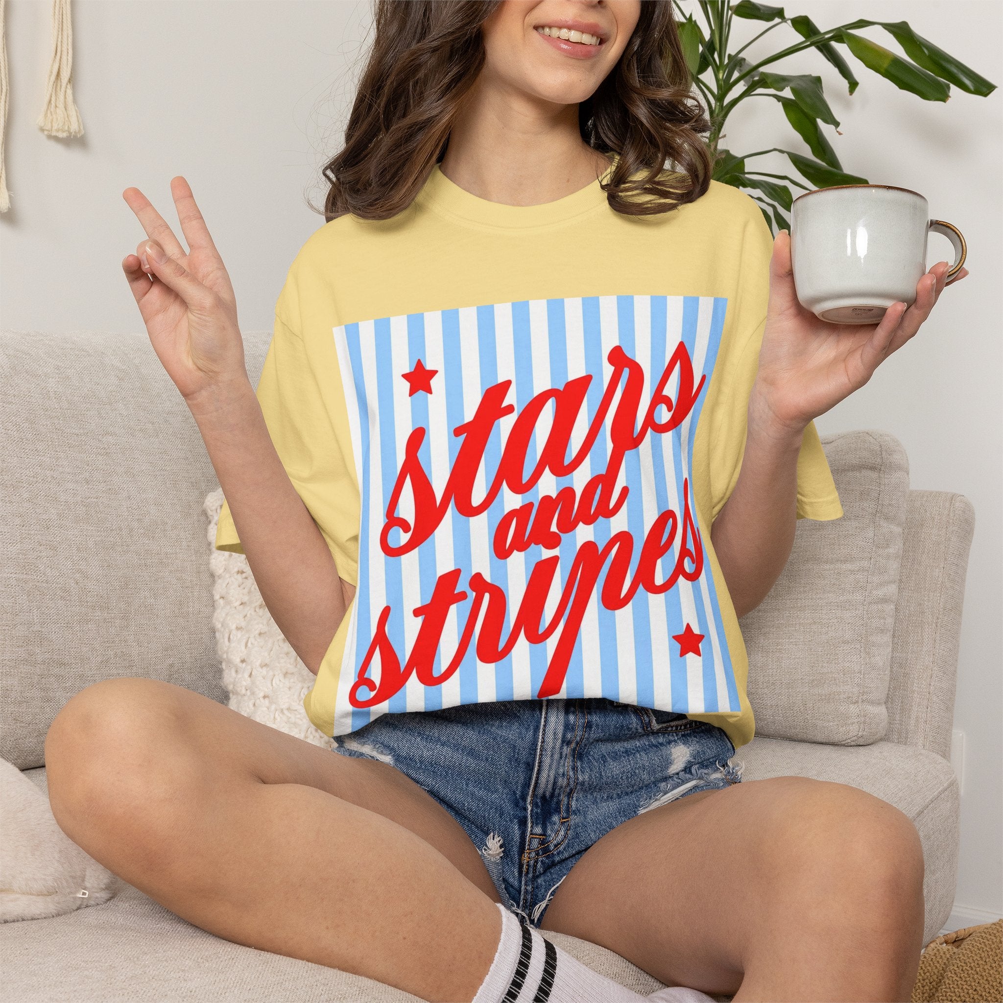 Stars and Stripes T-Shirt — Retro Red Script on Blue Stripe Graphic Tee