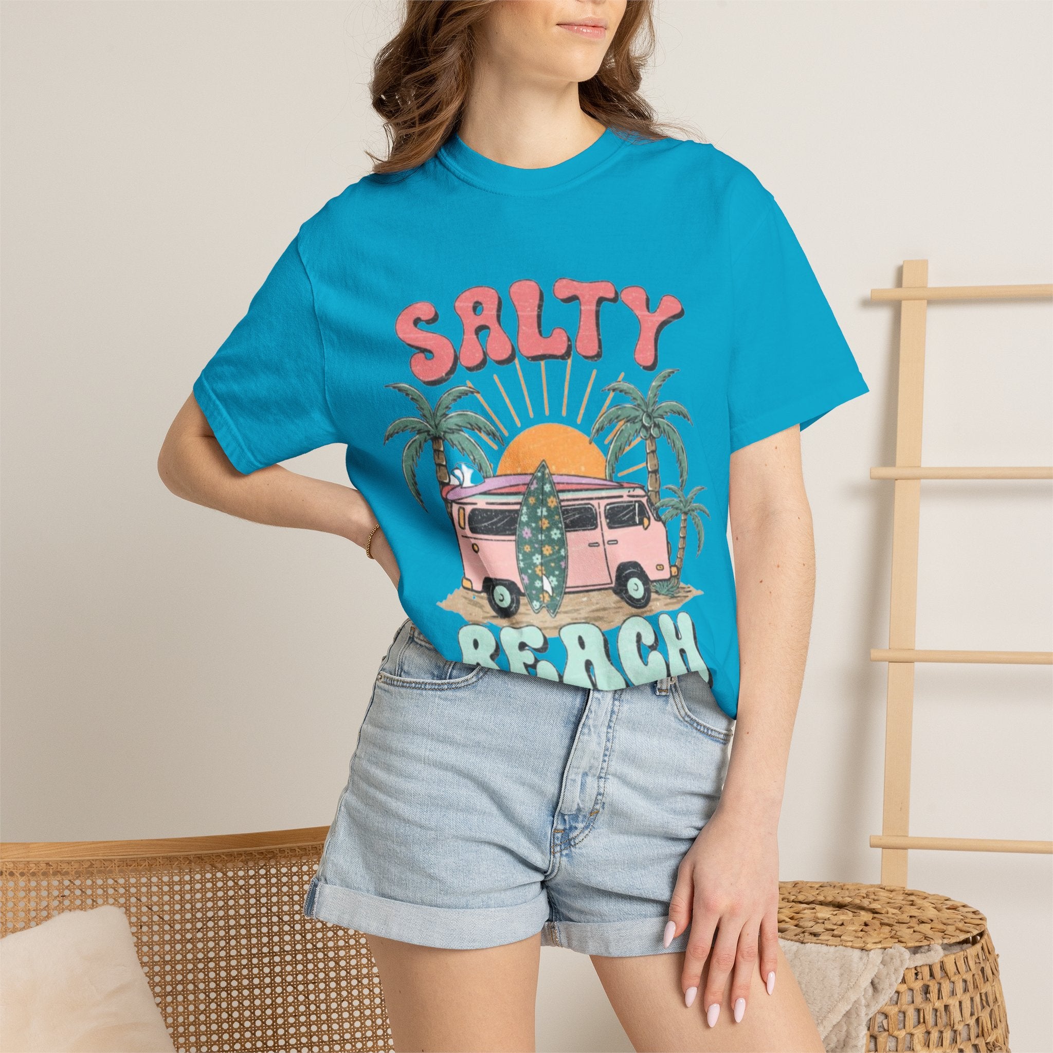Salty Beach Surf Van T-Shirt — Retro Palm Tree Surfboard Graphic