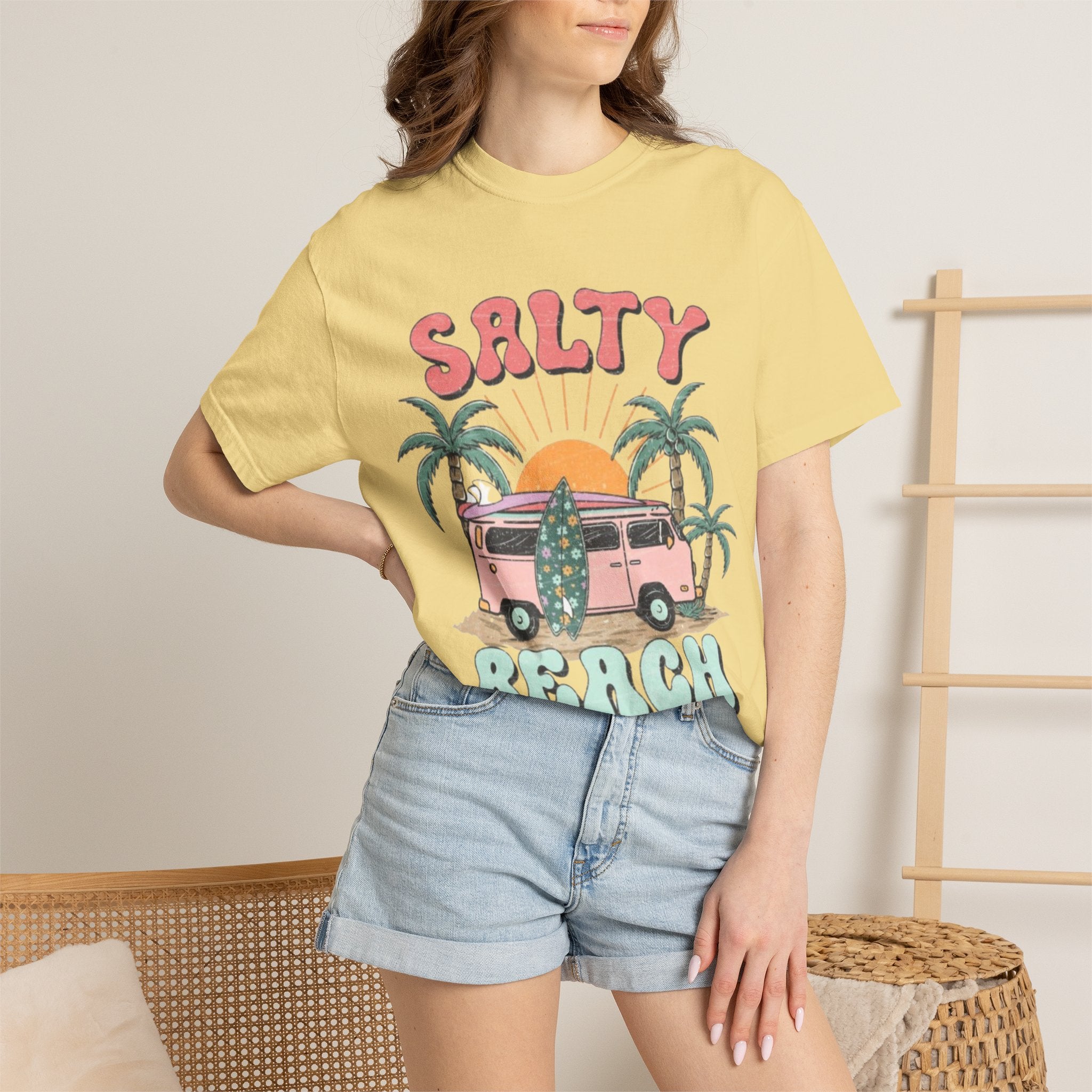 Salty Beach Surf Van T-Shirt — Retro Palm Tree Surfboard Graphic