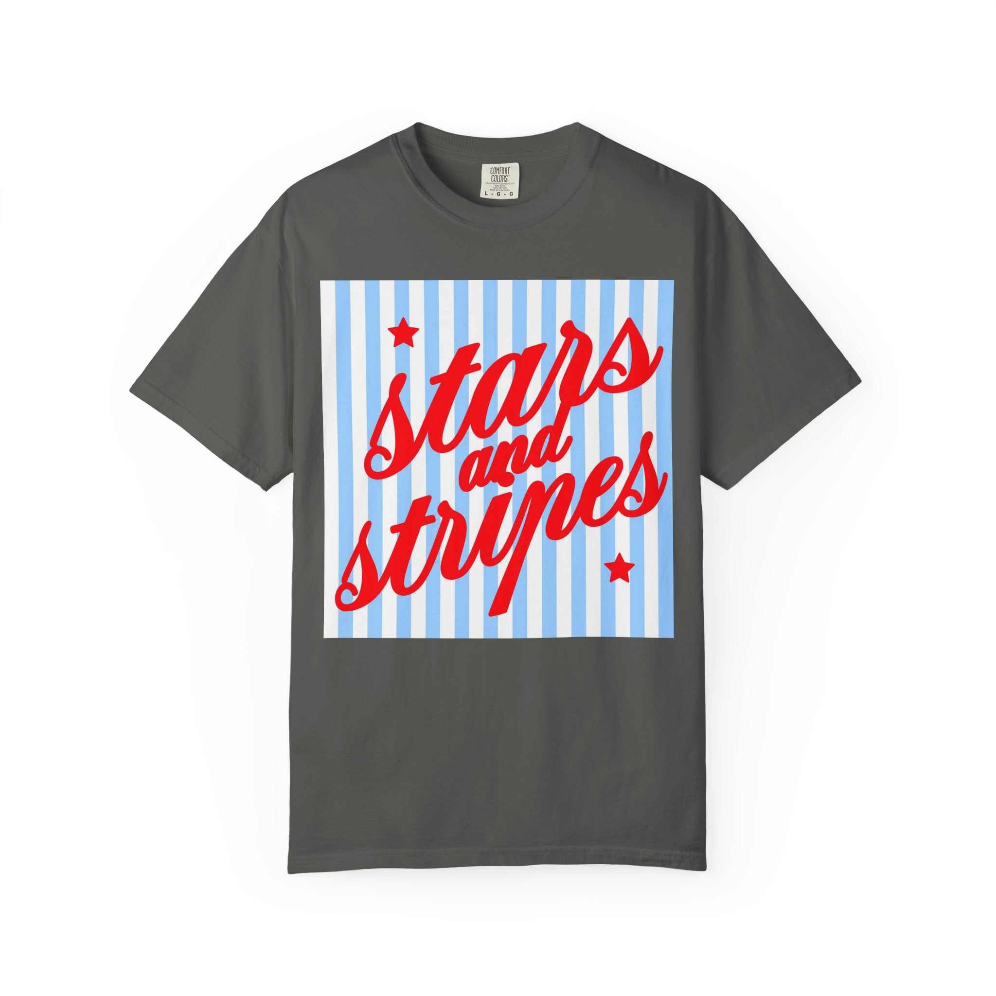 Stars and Stripes T-Shirt — Retro Red Script on Blue Stripe Graphic Tee