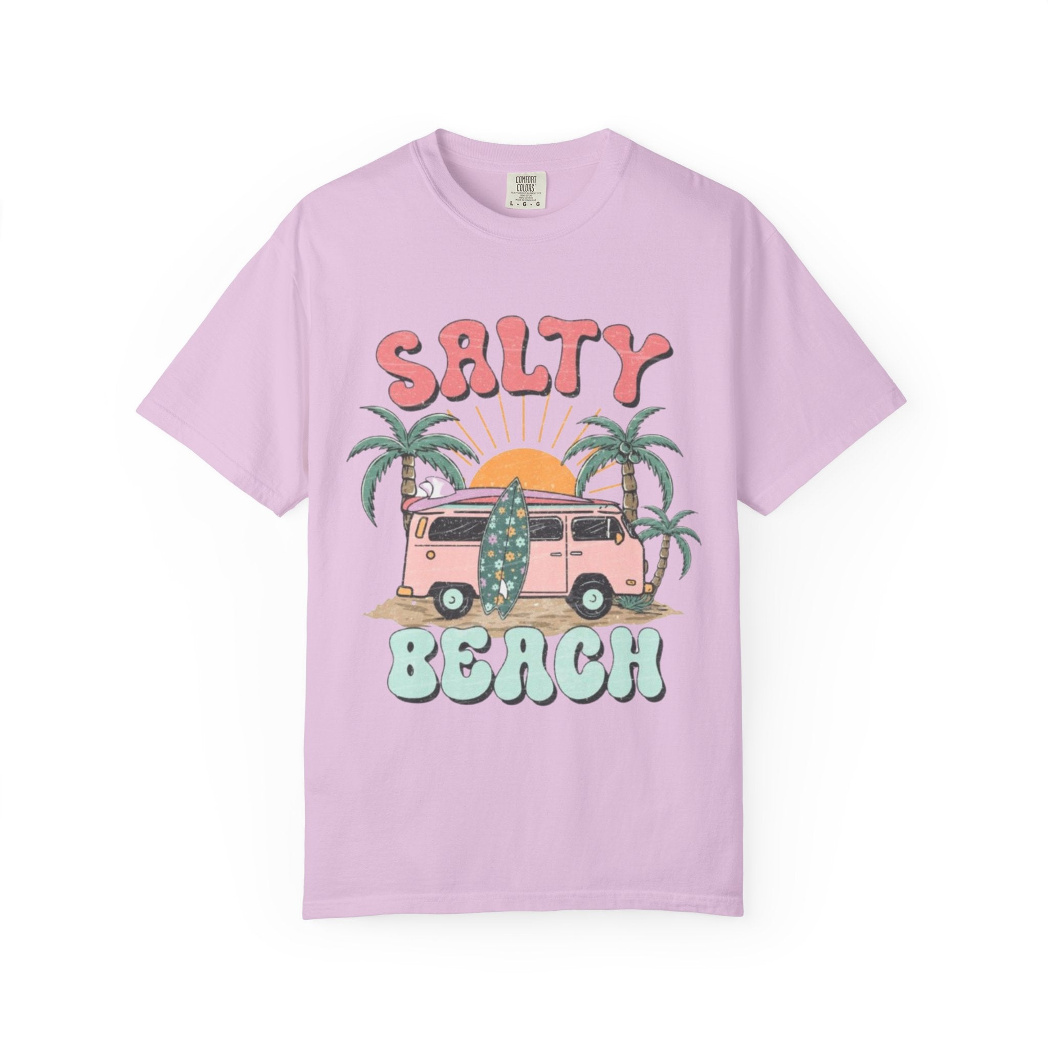 Salty Beach Surf Van T-Shirt — Retro Palm Tree Surfboard Graphic