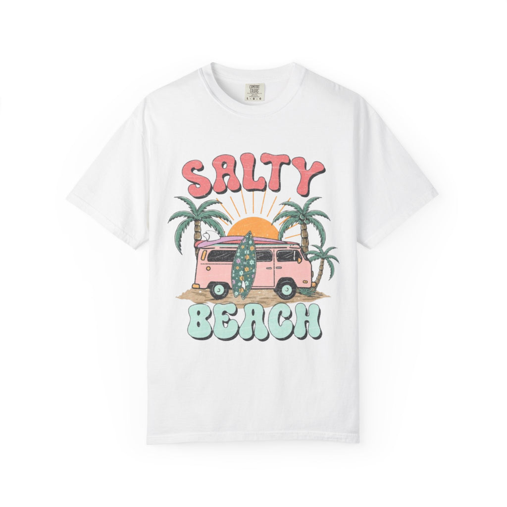 Salty Beach Surf Van T-Shirt — Retro Palm Tree Surfboard Graphic