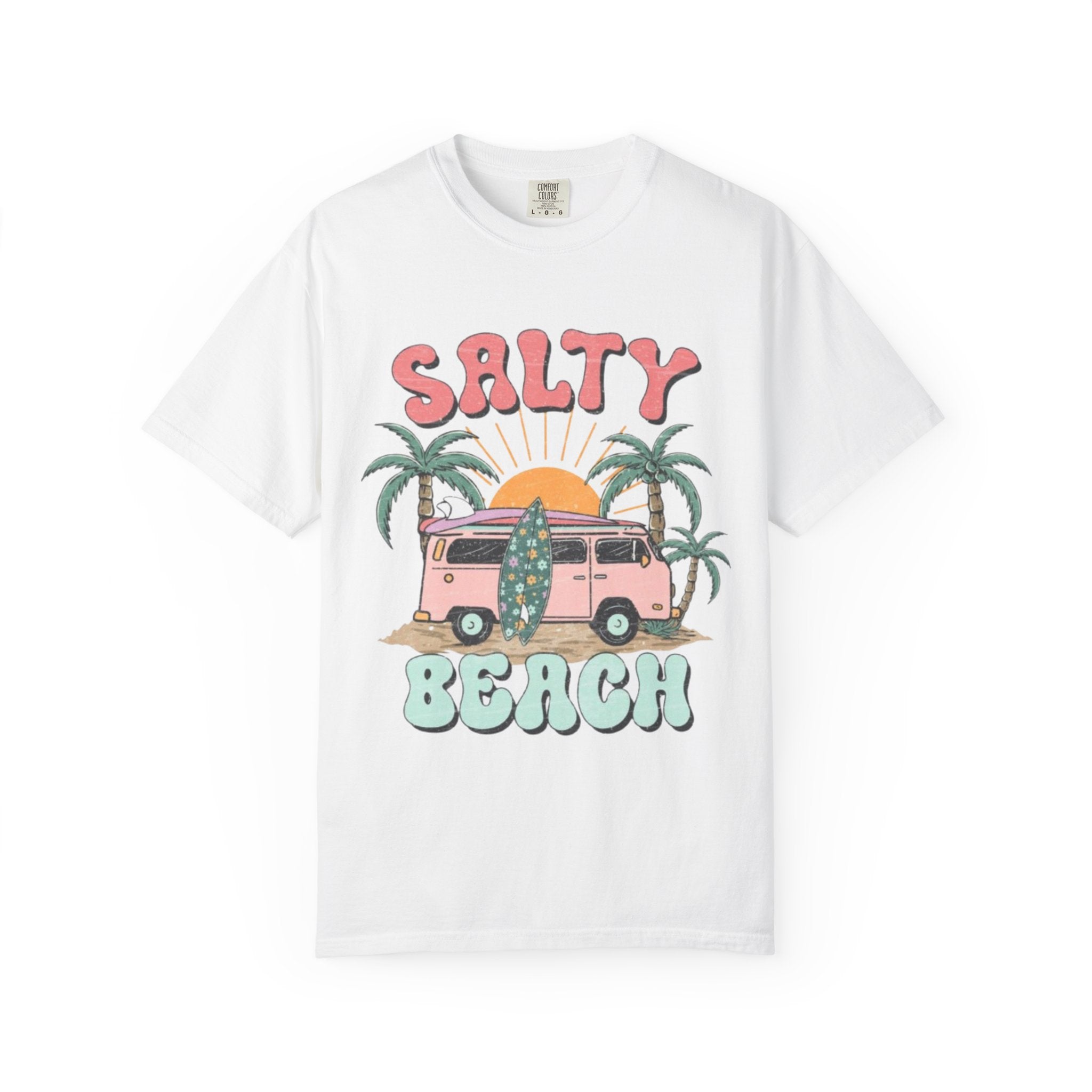 Salty Beach Surf Van T-Shirt — Retro Palm Tree Surfboard Graphic