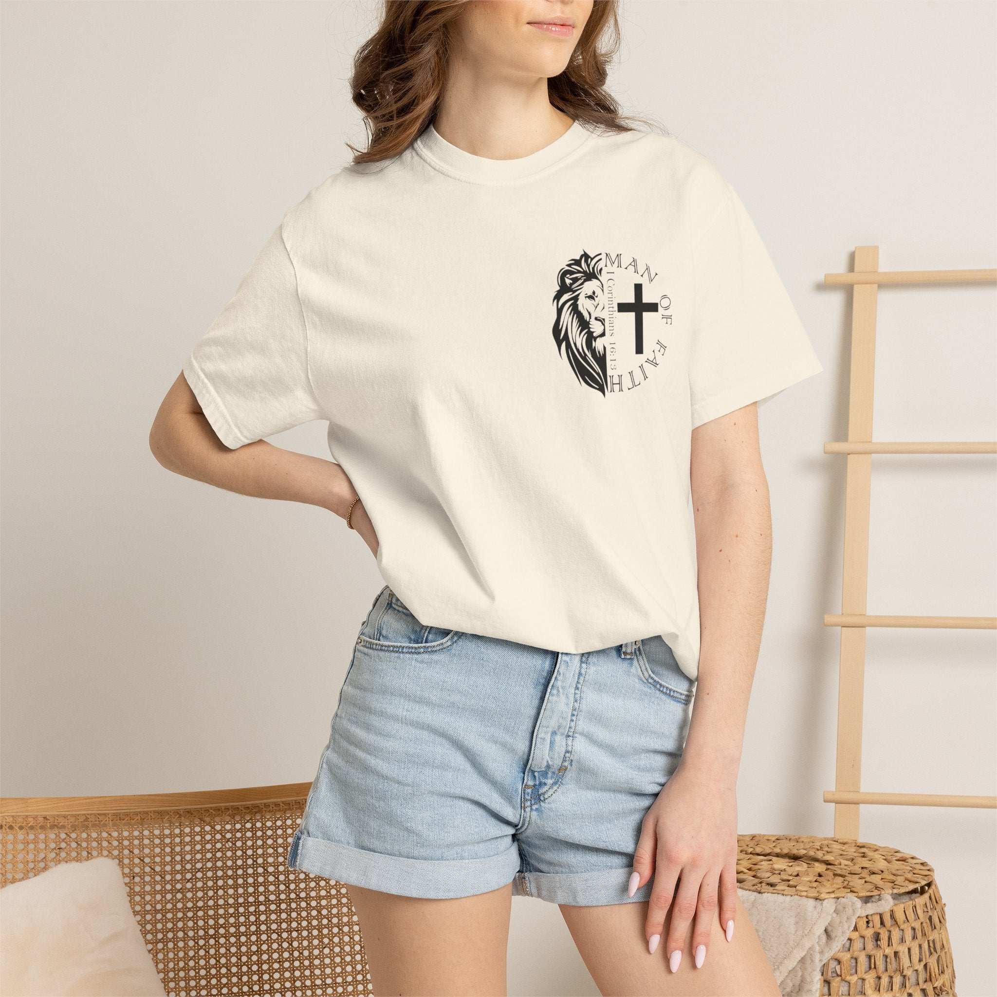T-Shirt — "Man of Faith" Lion & Cross Christian Graphic Tee