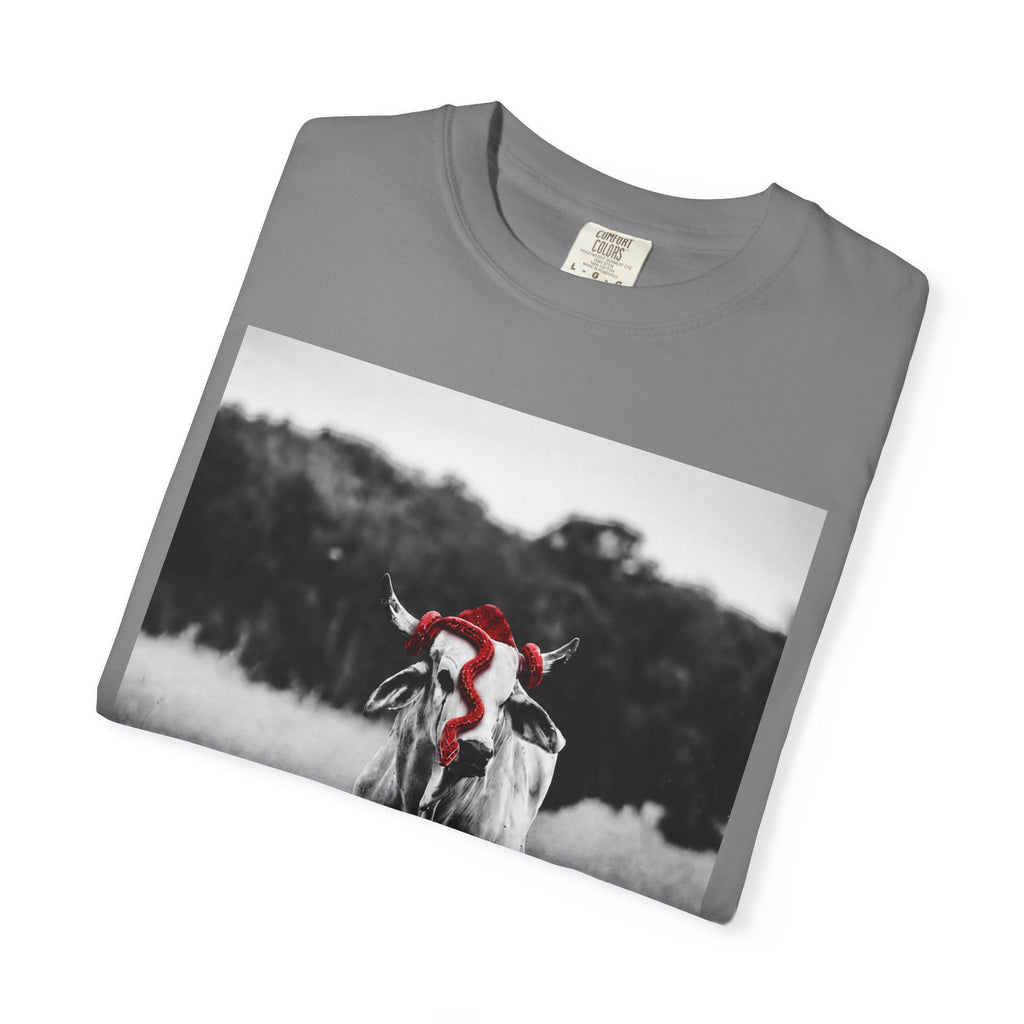 Cow Portrait T-Shirt — Black & White Grazing Cow Photo with Red Bandana