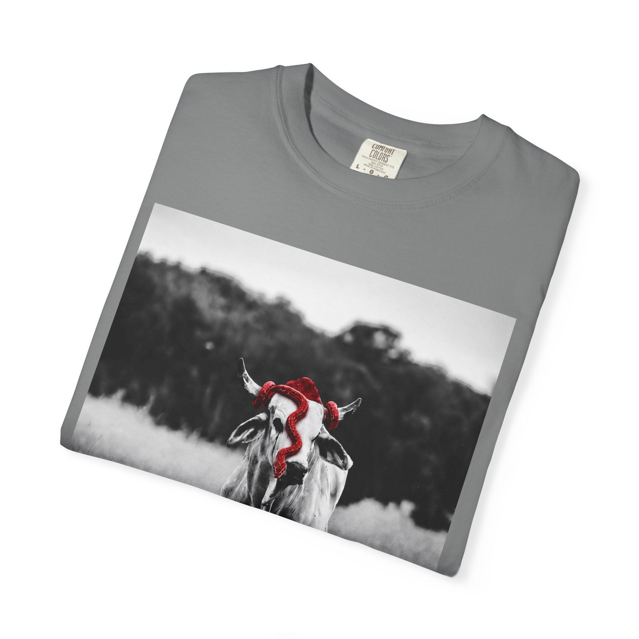 Cow Portrait T-Shirt — Black & White Grazing Cow Photo with Red Bandana