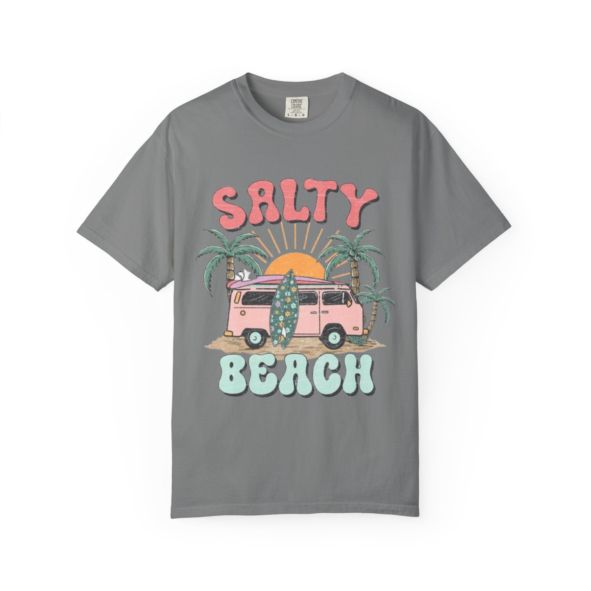 Salty Beach Surf Van T-Shirt — Retro Palm Tree Surfboard Graphic