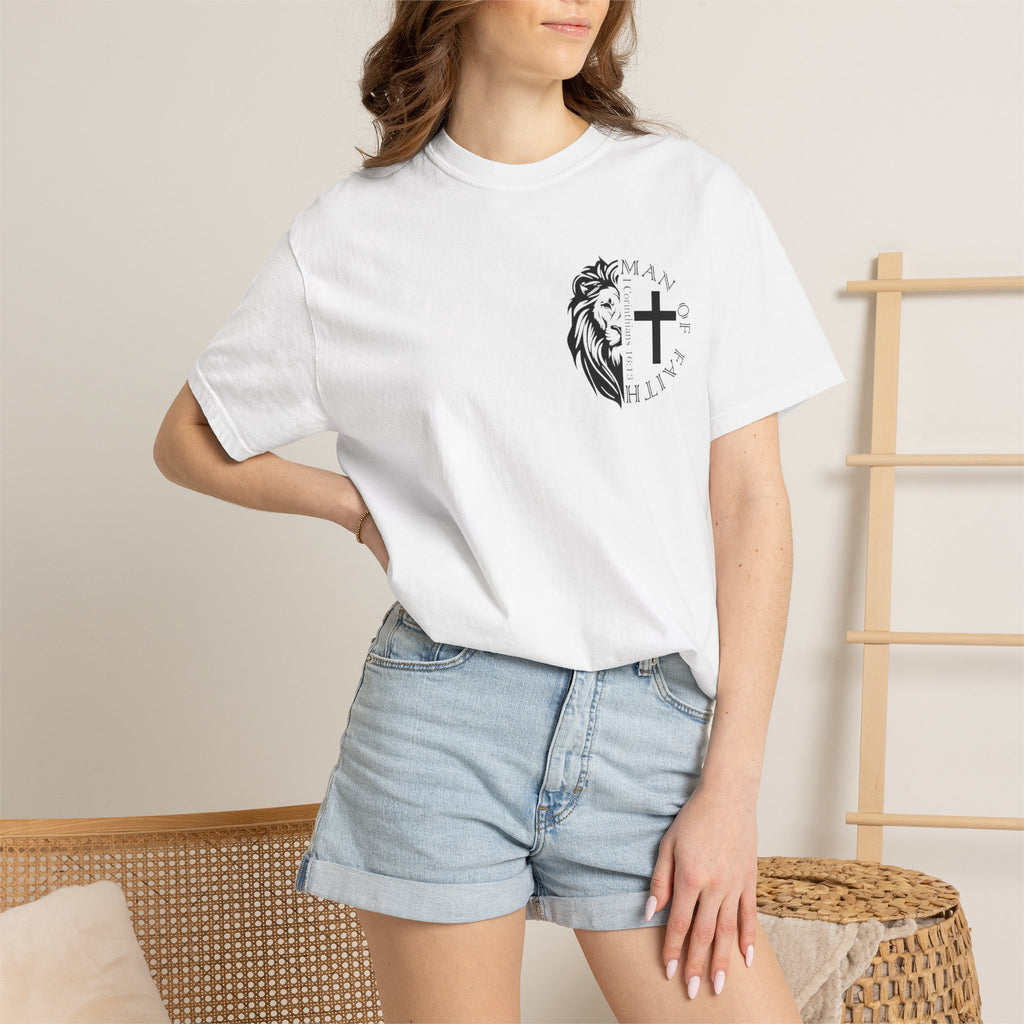 T-Shirt — "Man of Faith" Lion & Cross Christian Graphic Tee
