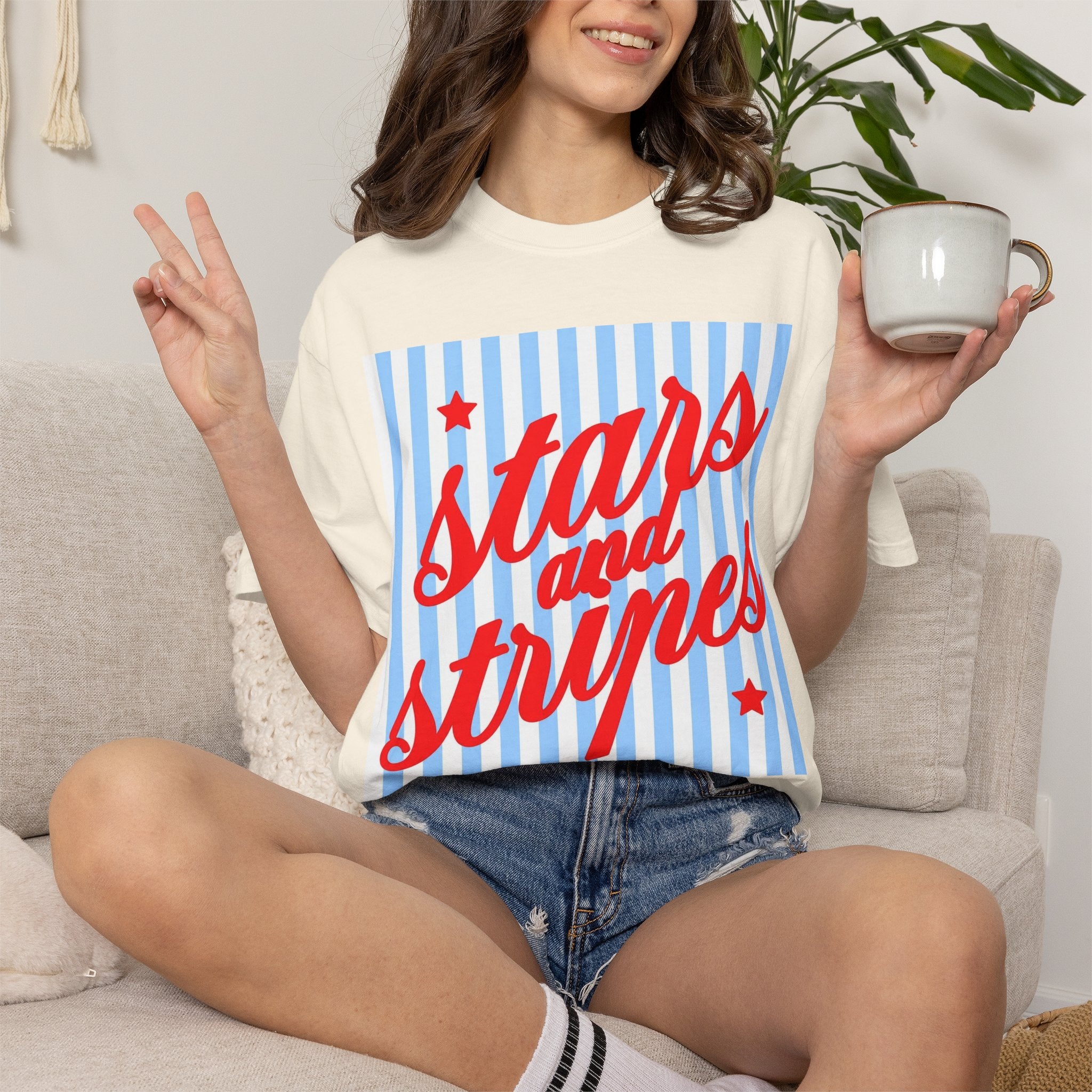 Stars and Stripes T-Shirt — Retro Red Script on Blue Stripe Graphic Tee