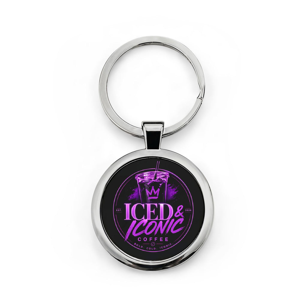 Iced & Iconic Coffee Round Stainless Steel Keychain — Purple Logo