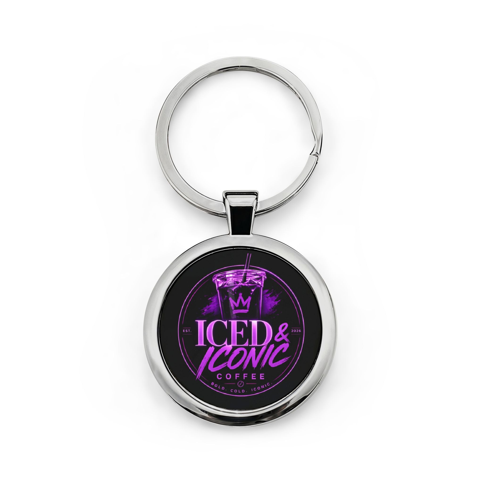 Iced & Iconic Coffee Round Stainless Steel Keychain — Purple Logo