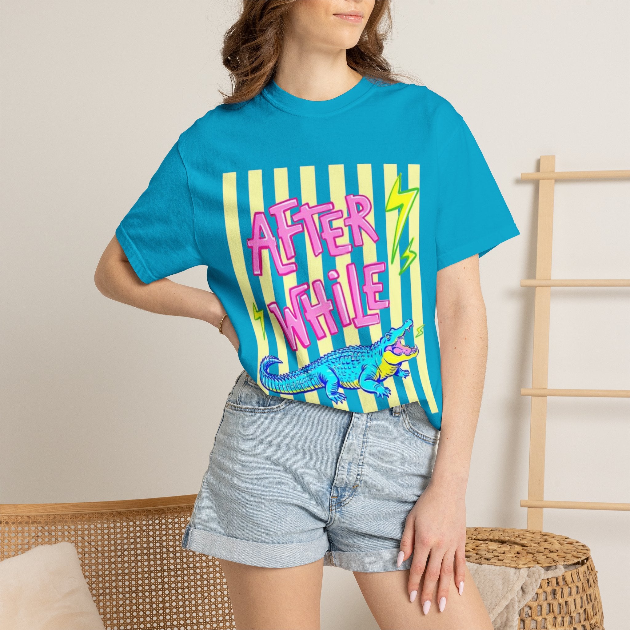 After While Crocodile Graphic T-Shirt — Retro Neon Alligator Tee