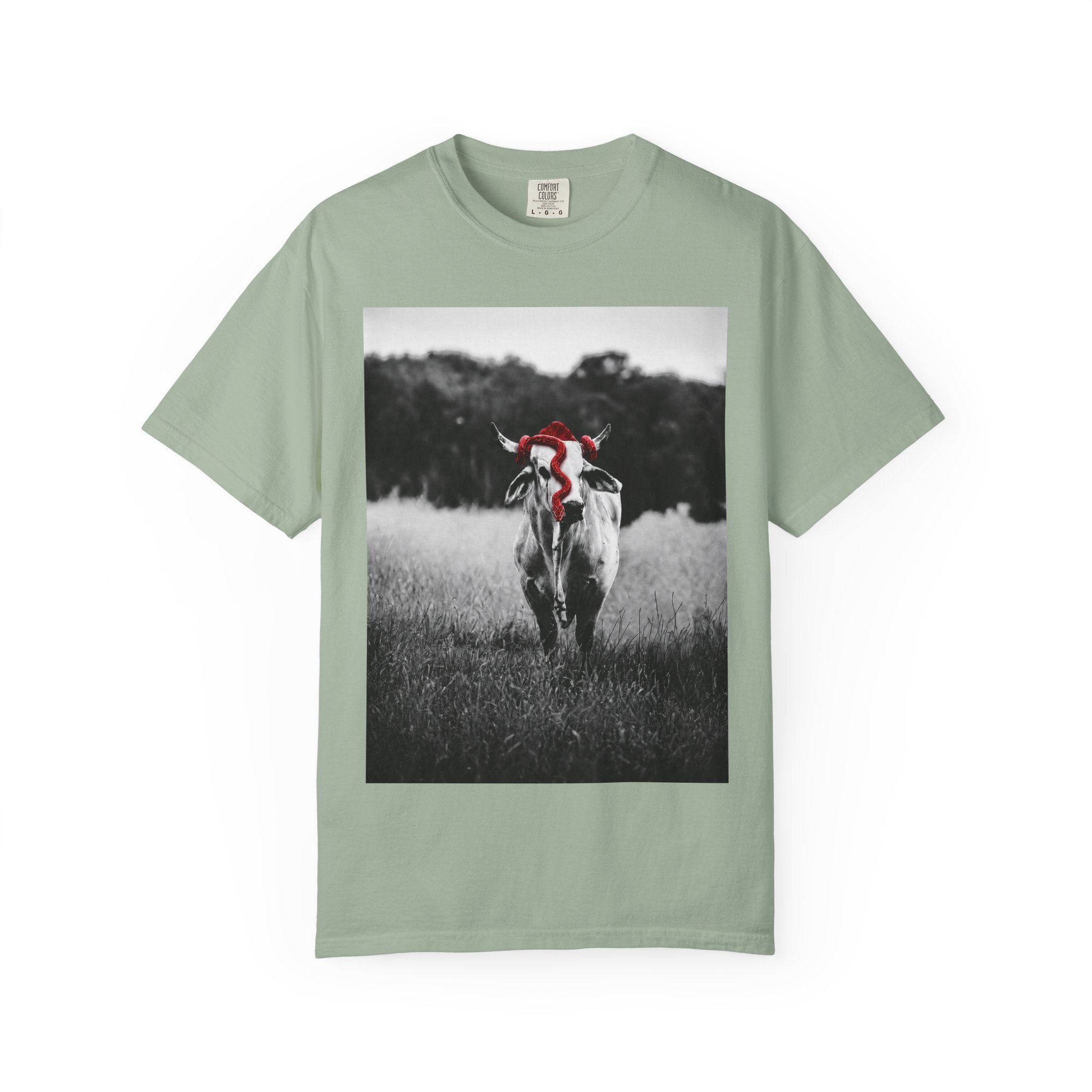 Cow Portrait T-Shirt — Black & White Grazing Cow Photo with Red Bandana