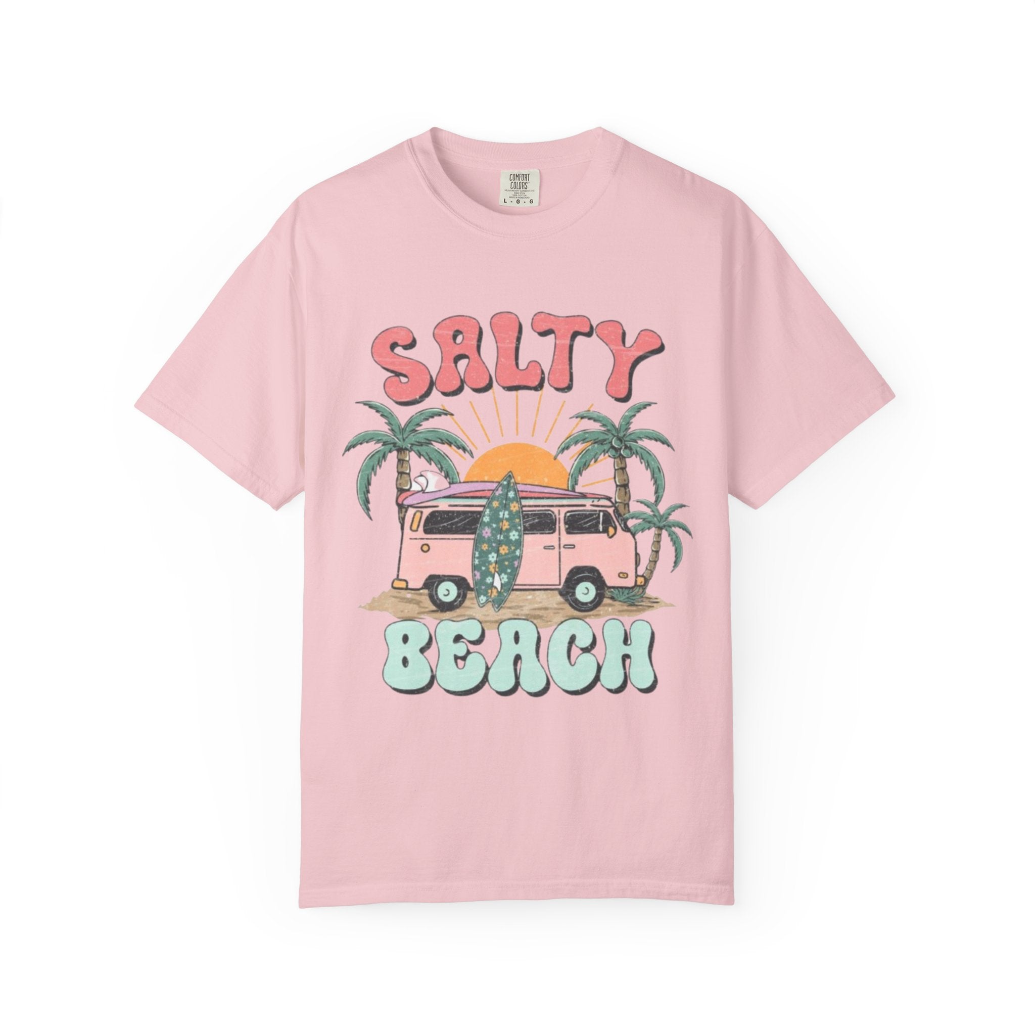 Salty Beach Surf Van T-Shirt — Retro Palm Tree Surfboard Graphic