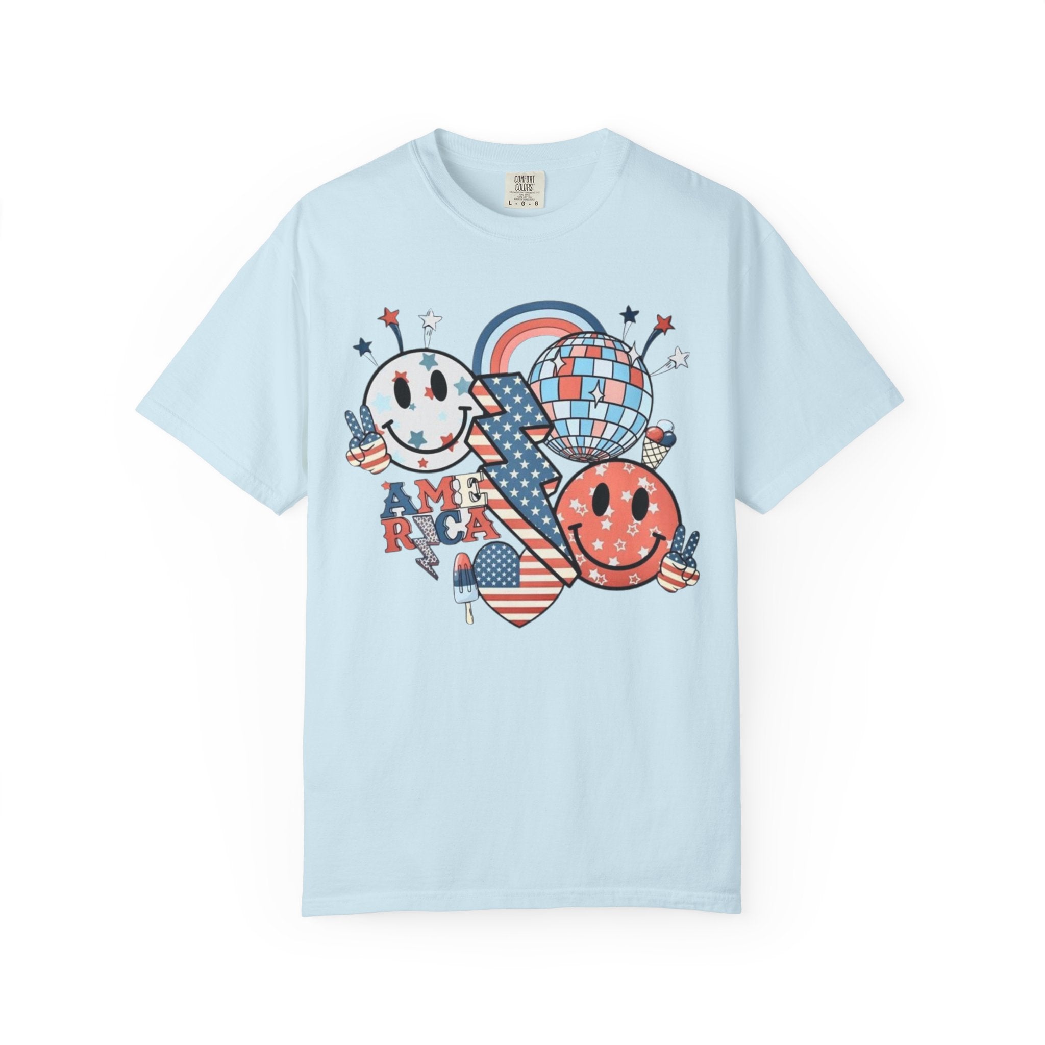 Patriotic Smiley Graphic T-Shirt — "America" Retro Red White Blue Tee