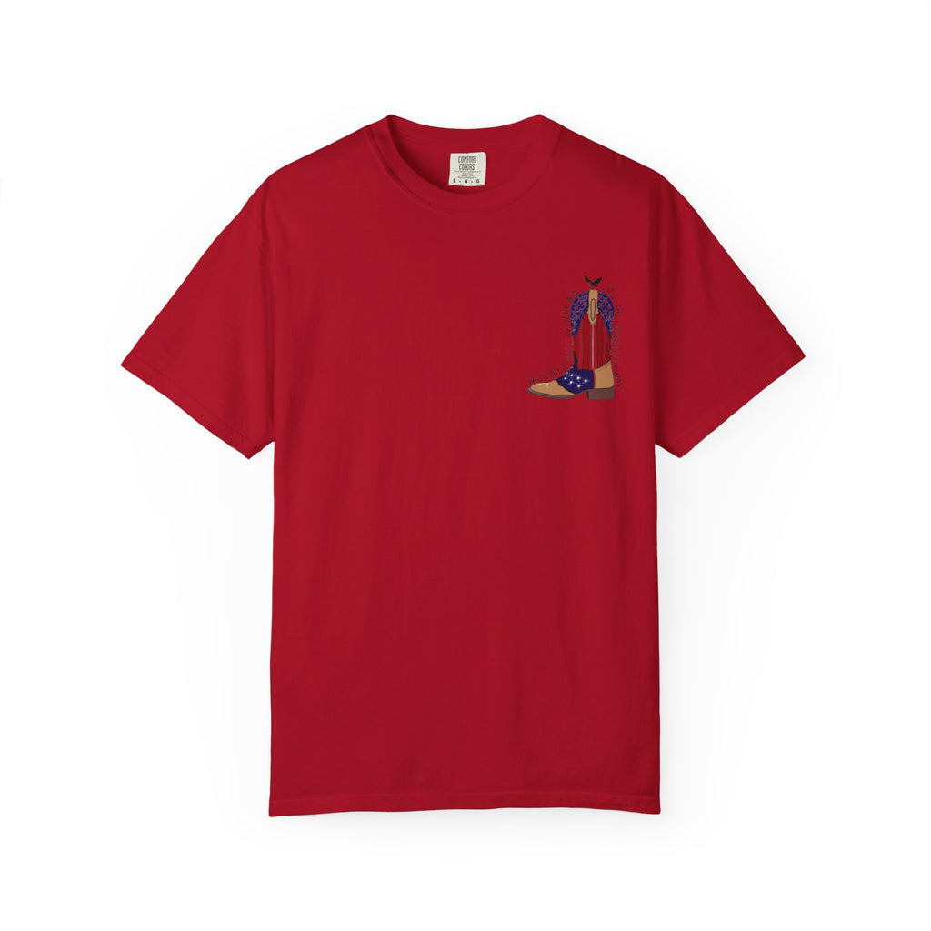 American Flag Cowboy Boots T-Shirt — "We'll Put a Boot in Your Ass" Patriotic Tee