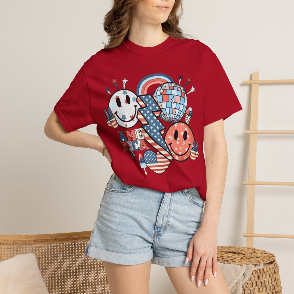 Patriotic Smiley Graphic T-Shirt — "America" Retro Red White Blue Tee