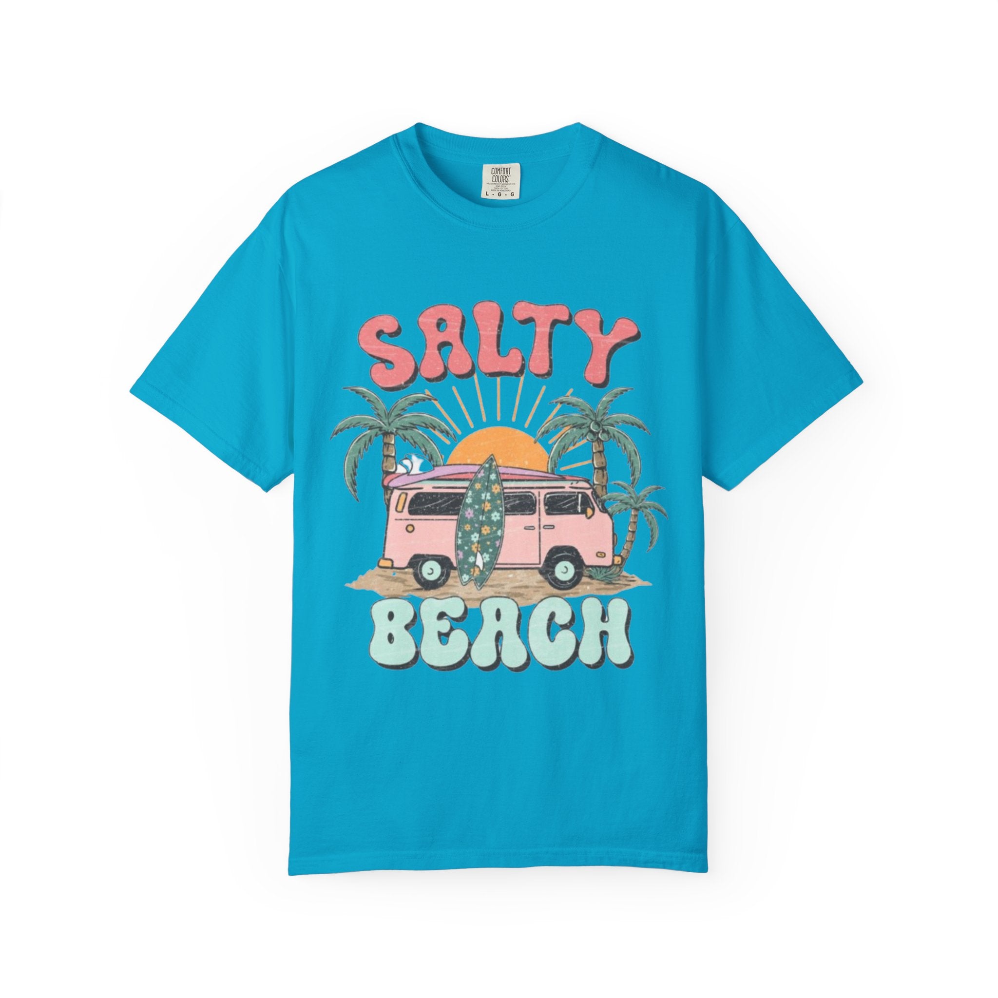 Salty Beach Surf Van T-Shirt — Retro Palm Tree Surfboard Graphic