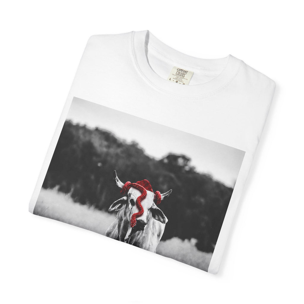 Cow Portrait T-Shirt — Black & White Grazing Cow Photo with Red Bandana