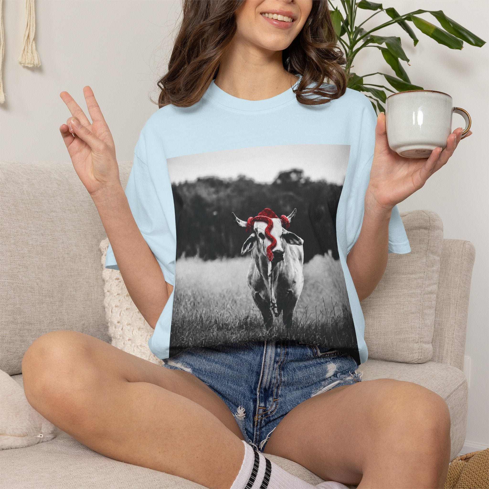 Cow Portrait T-Shirt — Black & White Grazing Cow Photo with Red Bandana
